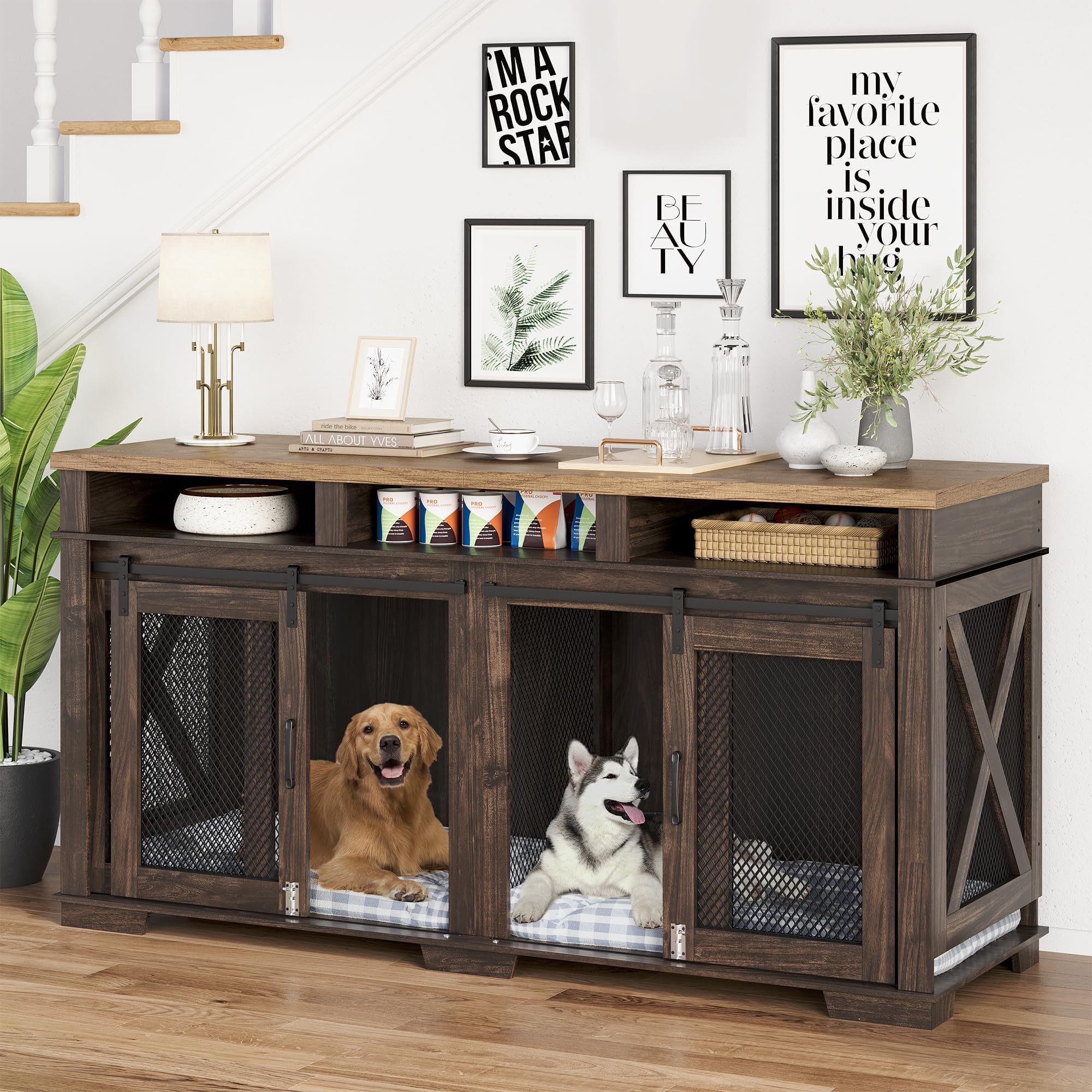 Garvee Dog Crate Furniture, 71" Heavy Duty Dog Kennel Furniture with 3 Storages and Removable Divider, Furniture Style Double Dog Crate Table Indoor TV Stand for Large Medium Dogs, Dark Walnut