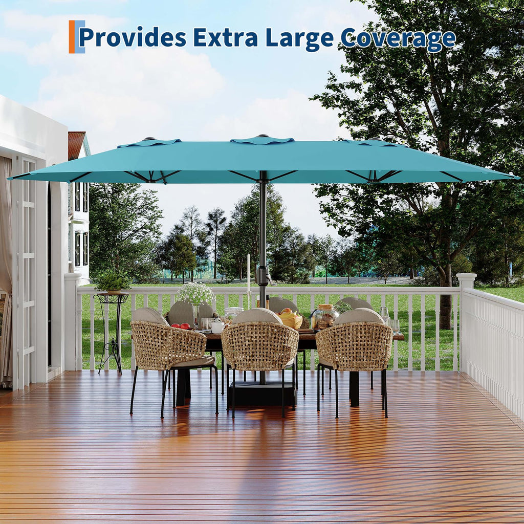 Garvee 15' Large Patio Umbrella with Base, Outdoor Double-Sided Rectangle Market Umbrella Outside Umbrellas for Poolside Lawn Backyard, Misty Blue