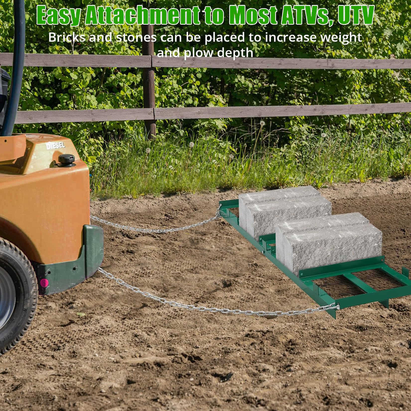 Garvee 4FT Driveway Drag Harrow for ATV, UTV & Tractor, Heavy-Duty Tow Behind Landscape Grader with 6FT Chain for Gravel, Soil, Yard & Field Leveling