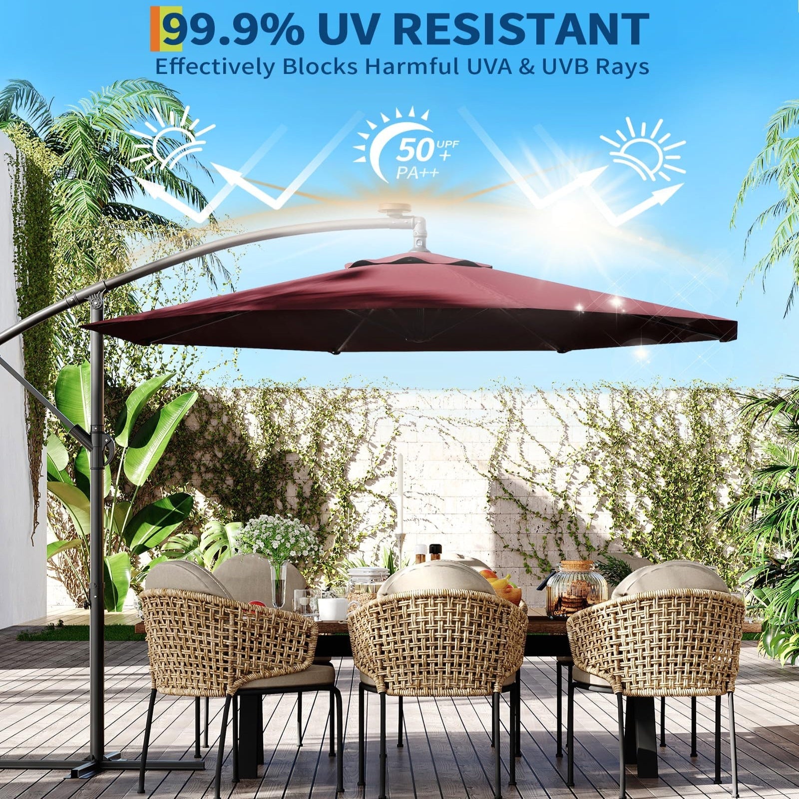 Garvee 10' Cantilever Umbrella with 360 Rotating Base, UV Protection Offset Patio Umbrella 12 Ribs Outdoor Sun Shade with Easy Tilt Adjustment for Backyard, Lawn, Garden, Wine Red