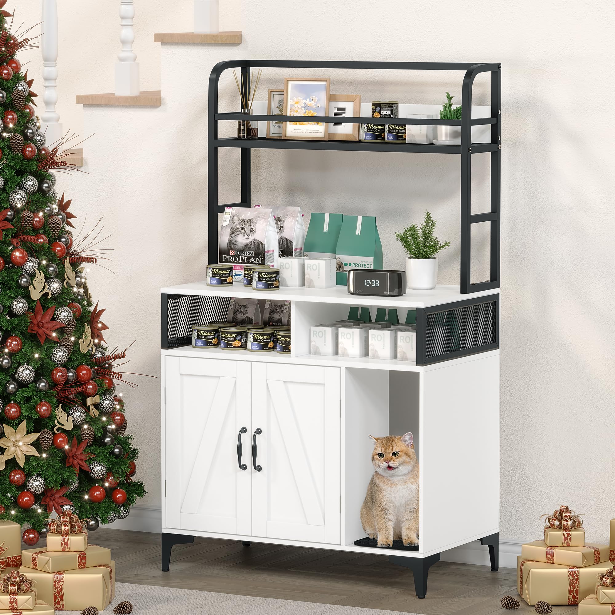 Garvee Hidden Cat Litter Box Enclosure Furniture with Shelf Storage,Litter Box Furniture,Sturdy Cat Washroom,Indoor Wooden Cat House Storage, White