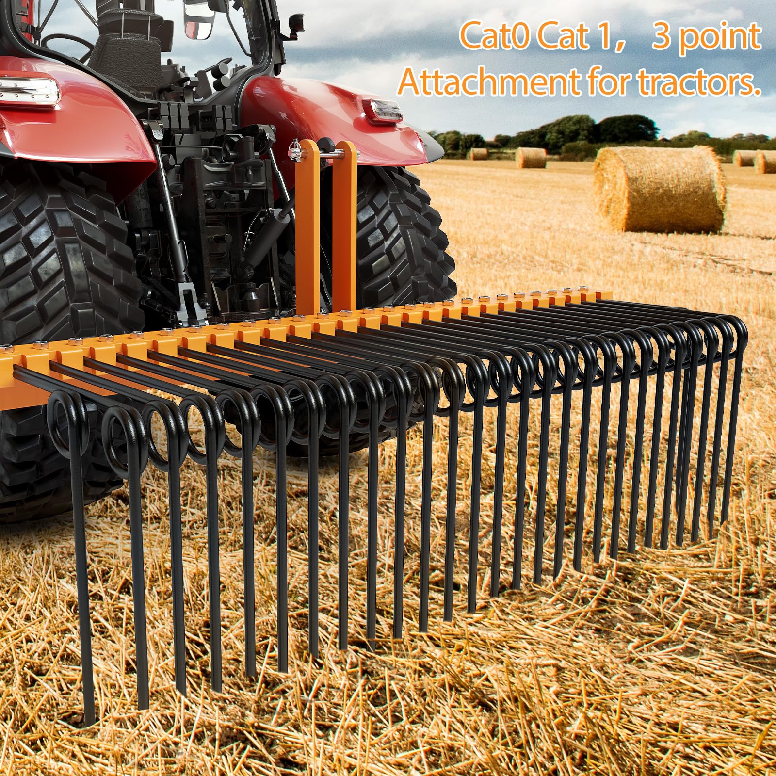 Garvee 60 Inches Pine Straw Needle Rake, 8mm 26pcs Coil Spring Tines, Durable Powder Coated 3 Point Straw Rake,Steel Spring Landscape Rake Fit for Cat1 Tractors - Orange+Black