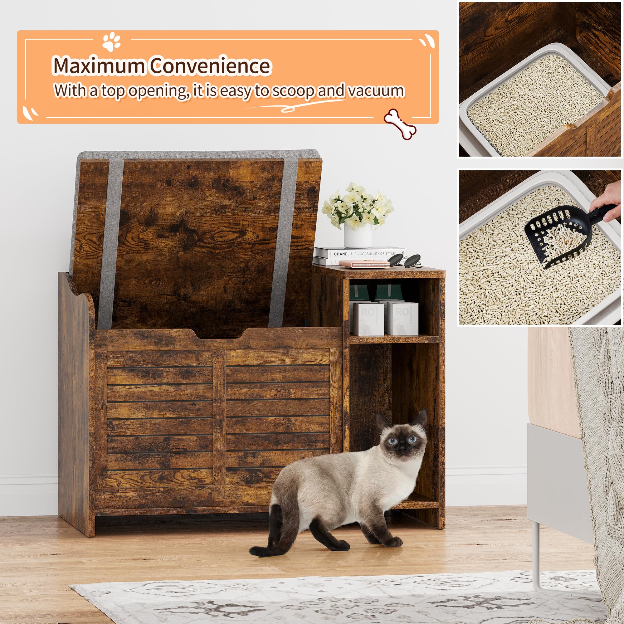Garvee Cat Litter Box Enclosure with Cushion, Hidden Cat Litter Box Furniture, Cat Litter Box Furniture with Top Opening, Flip Top Litter Box Enclosure, Cat House, Brown