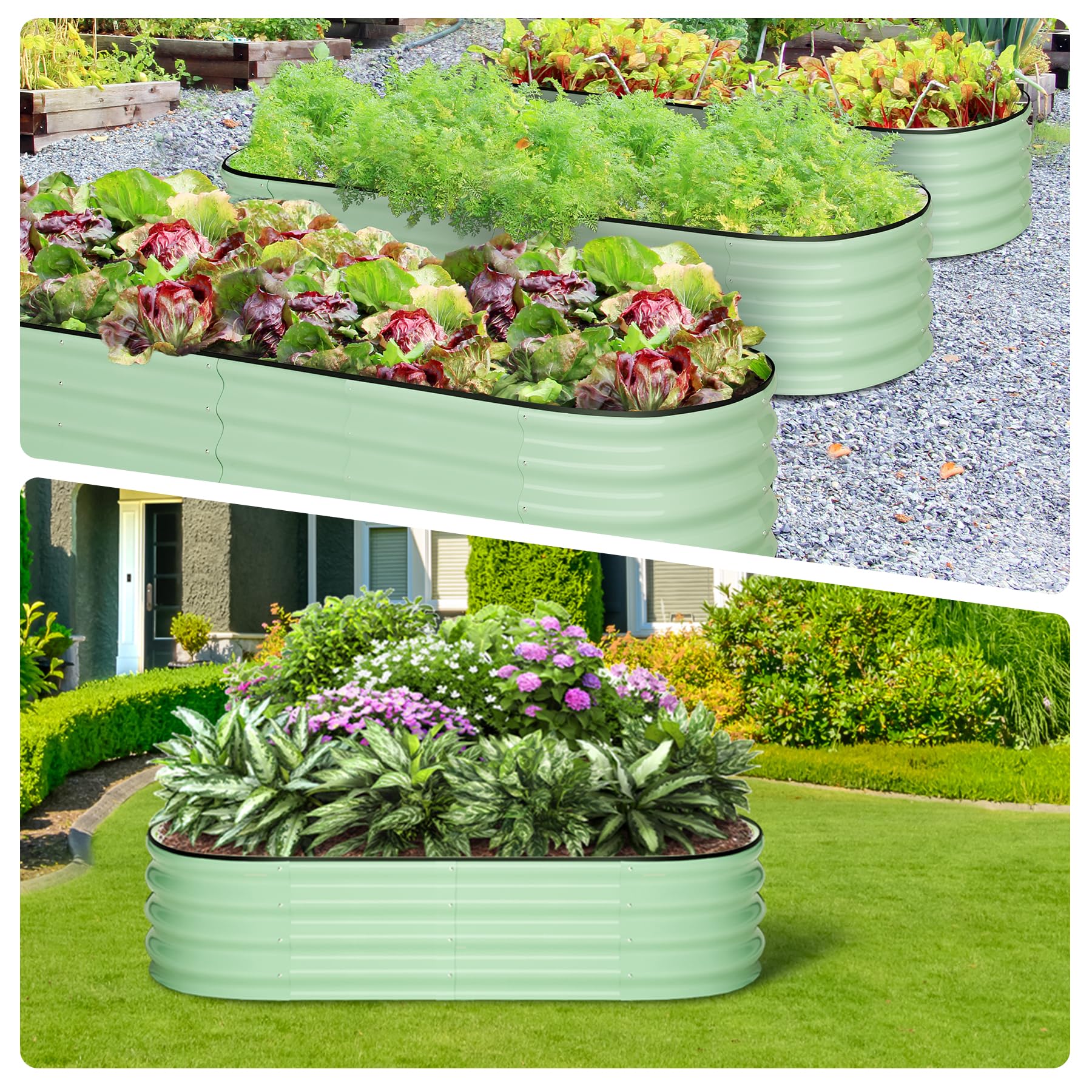 Garvee 2 Pcs 4.5' X 2' X 1' Galvanized Raised Garden Bed Outdoor,Planters for Outdoor Plants,Open-Ended Base Planter Raised Boxes,Oval Metal Planter Box for Vegetables, Flowers, Fruits,Rubber Edge, Green