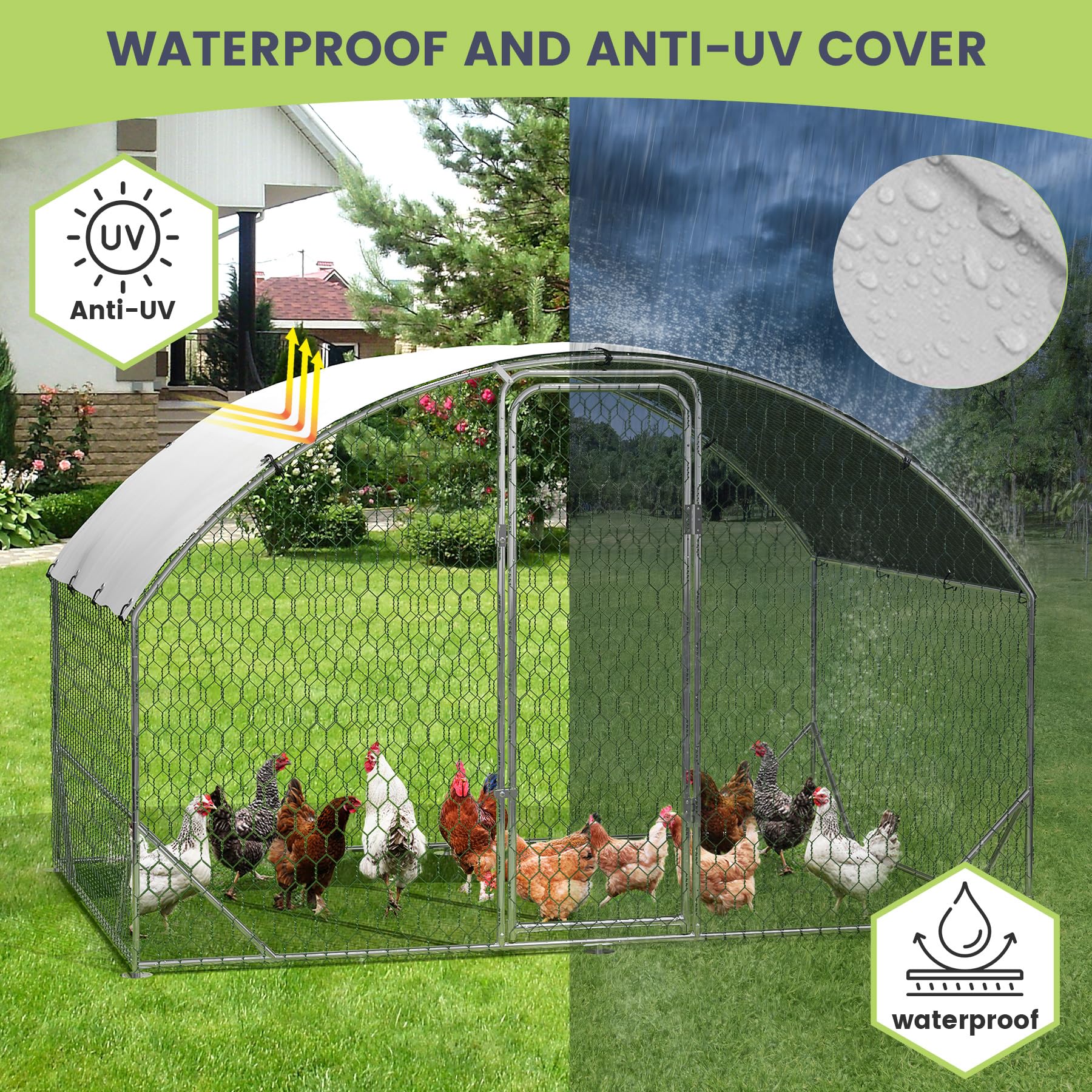 Garvee Large Metal Chicken Coop, Upgrade Tri-Supporting Metal Chicken Run, Large Chicken Pen with Waterproof and Anti-UV Cover, for Duck Rabbit House Outdoor (9.8' W x 6.5' L x 6.5' H)