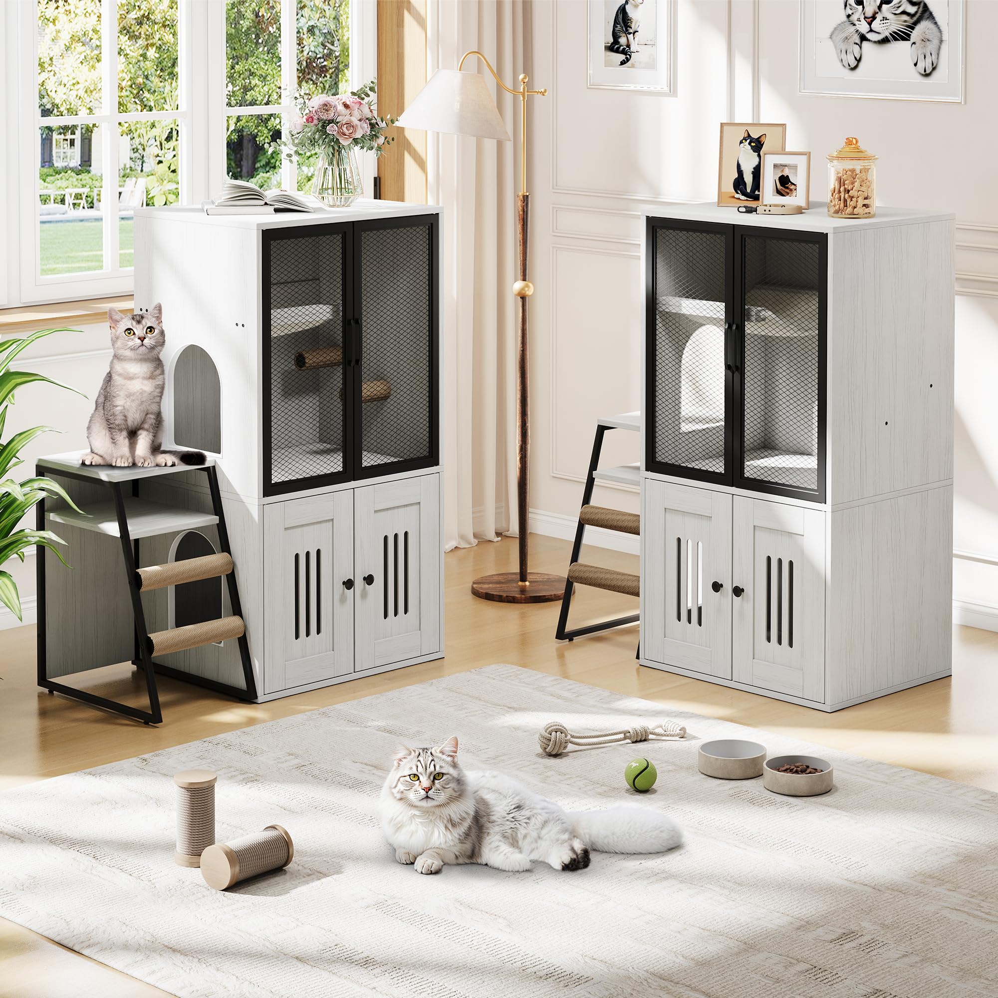 Garvee Cat Litter Box Enclosure With Doors Double Cat House Storage Space Ladder Retro White 22.6"L x 17.7"W x 10.9"H