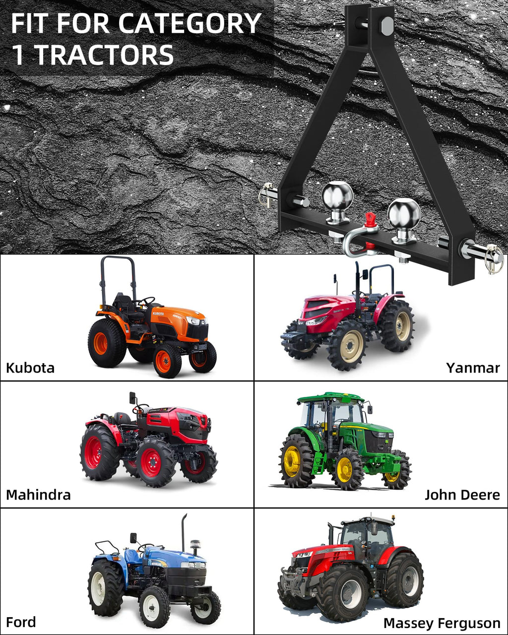 Garvee 3 Point Hitch Receiver with 2 Trailer Hitch Balls for Category 1, Compatible with Kubota, BX, LM25H, WLM Tractor, NorTrac, Yanmar, Kioti, Cat, John Deere