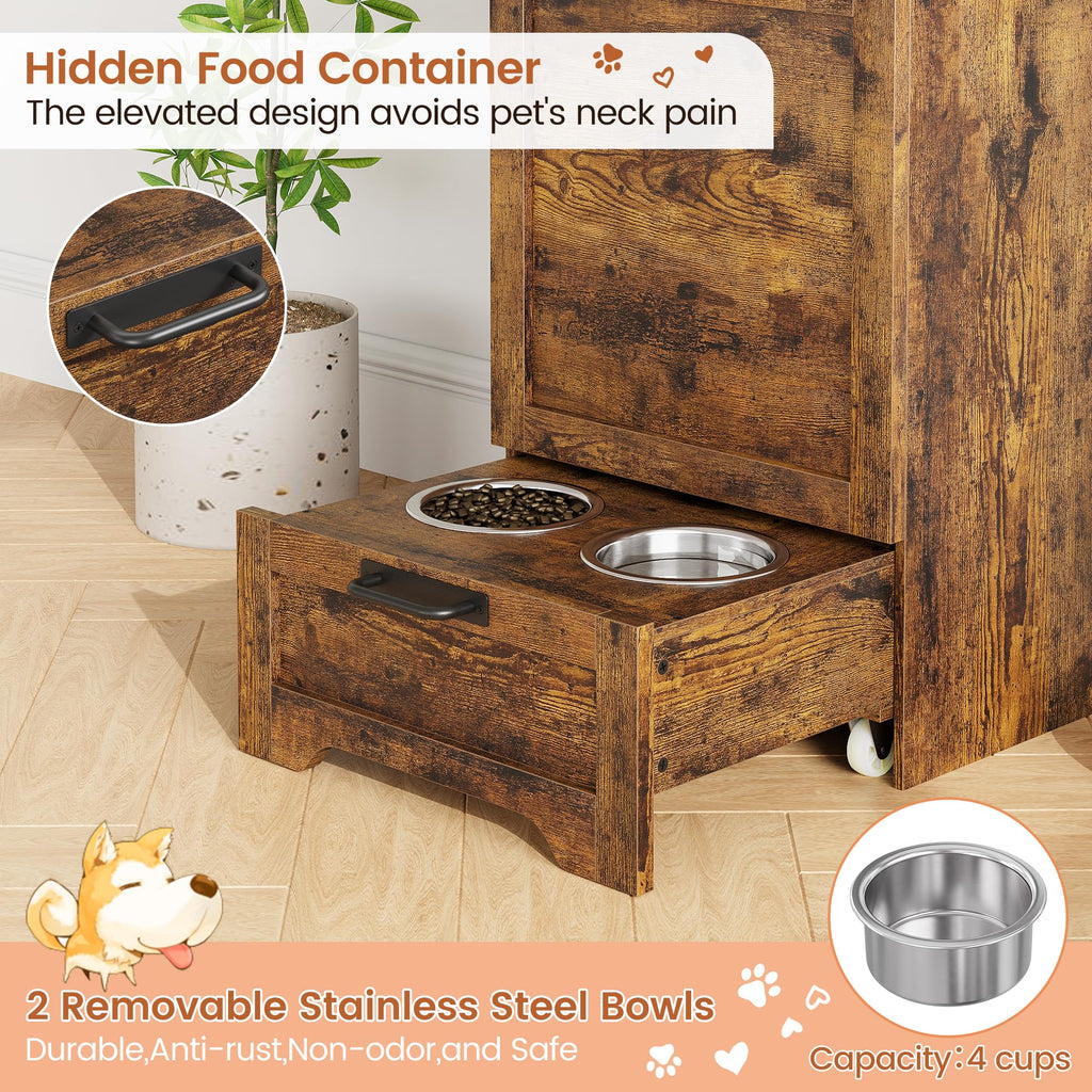 Garvee Pet Food Cabinet with 2 Elevated Bowls, Dog Feeding Station, Brown, Ample Storage, Concealed Feeder, Flip-Top Design