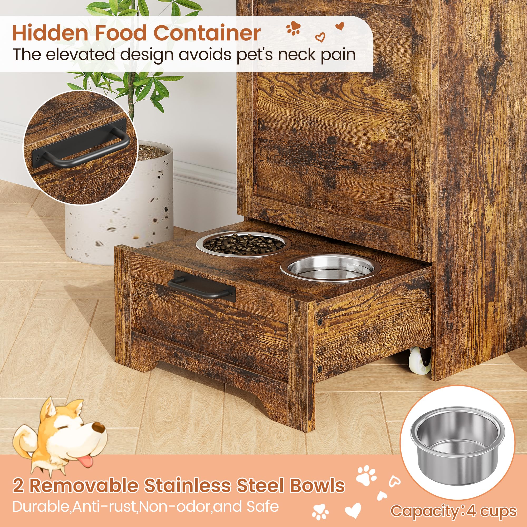 Garvee Pet Food Cabinet with 2 Elevated Bowls, Dog Feeding Station, Brown, Ample Storage, Concealed Feeder, Flip-Top Design