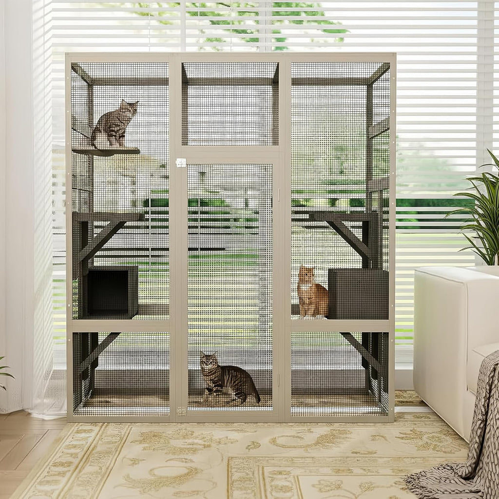 Garvee 70" Large Outdoor Catio Cat Enclosure, Wood Cat Patio with Waterproof UV-Resistant Roof, Cats Shelter with 5 Platforms and 2 Resting Box, and Secure Rust-Proof Wire for Backyard or Patio