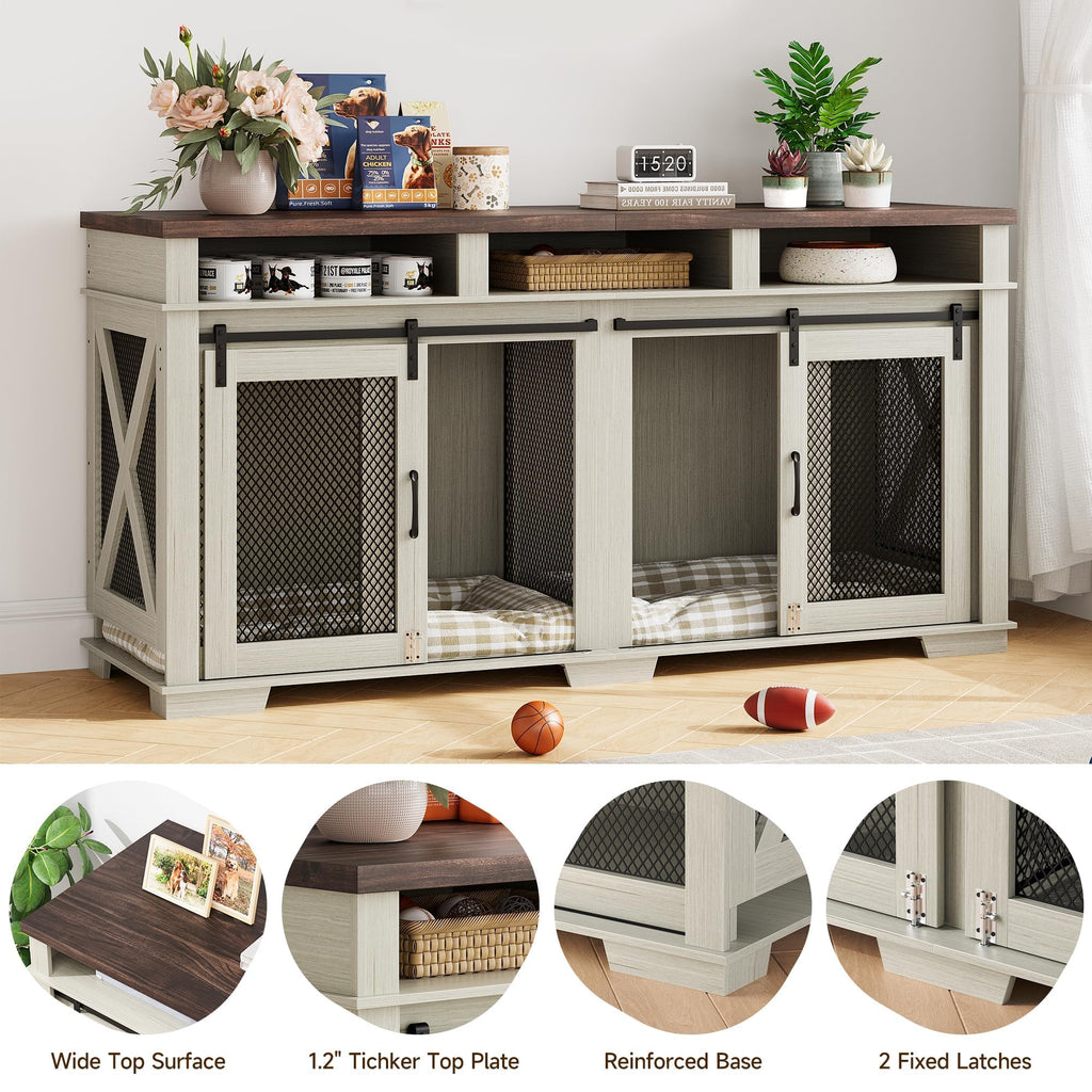 Garvee Dog Crate Furniture for 2 Dogs, 71" Heavy Duty Dog Kennel with 3 Storages and Removable Divider, Furniture Style Indoor Dog Crate Table TV Stand for Large Medium Dogs, White