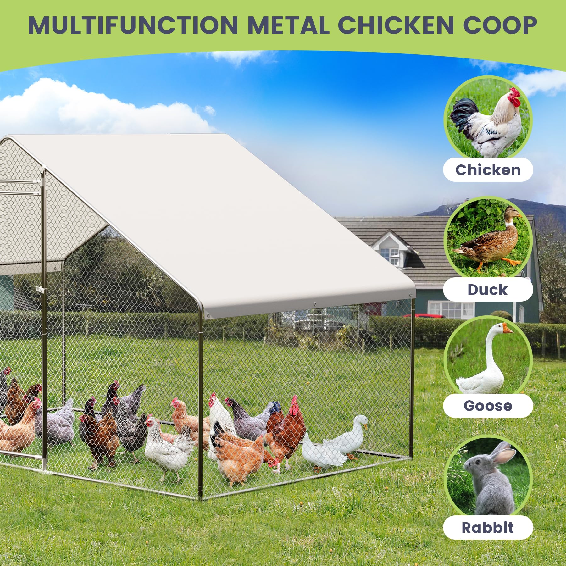 Garvee Large Metal Chicken Coop, Walk-in Poultry Cage, Large Outdoor Chicken Coop with Waterproof Cover for Outdoor Yard Farm Use (9.8x6.5x6.5FT)