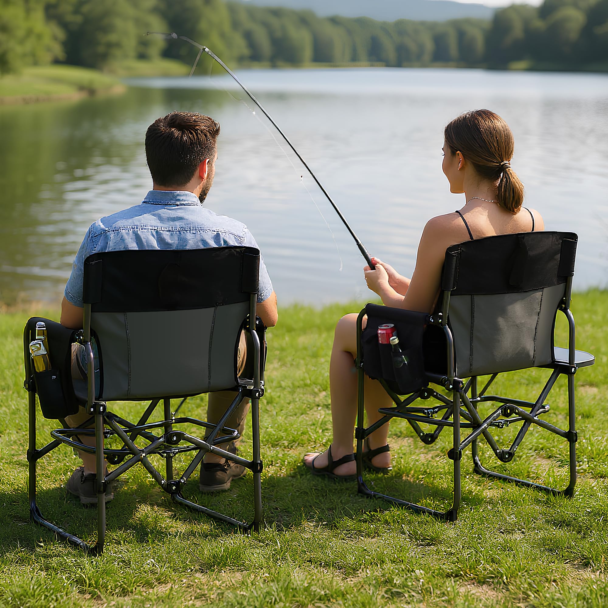Garvee Camping Chair with Side Table & Storage, Portable Folding Chair for Lawn, Fishing, Sports Events, 400 LB Capacity
