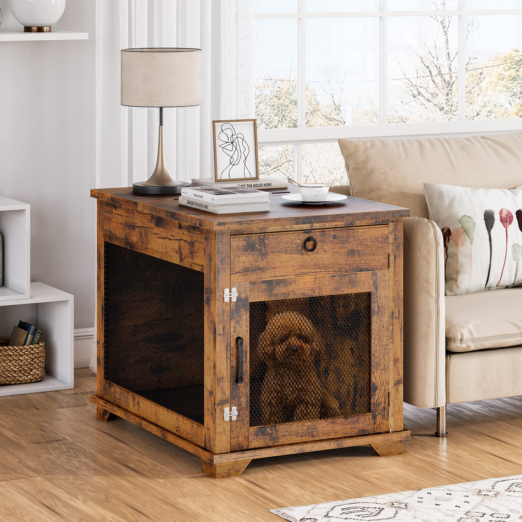 Garvee Furniture Style Dog Crate with Pocket Hiding Door, Lockable End Table, Rustic Brown, Flip Top, 32” for Small Dogs