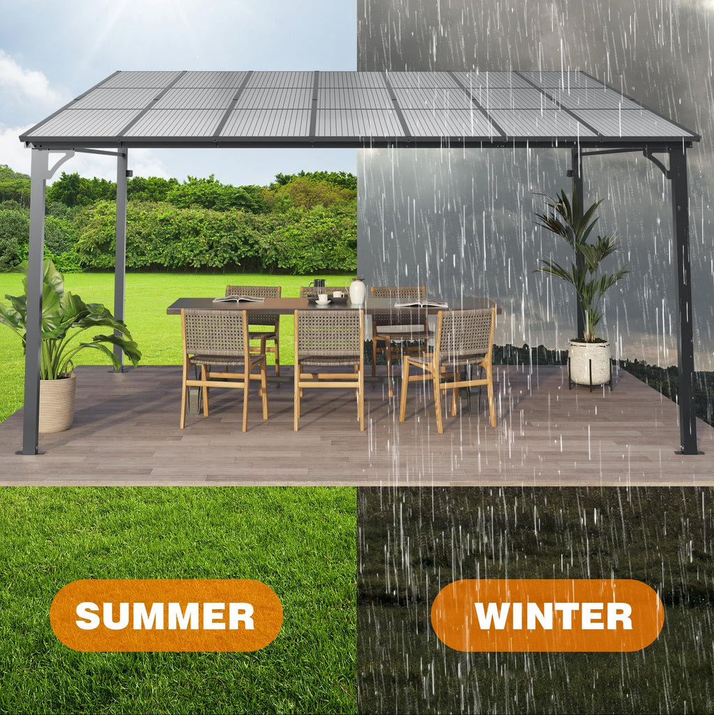 Garvee 10'x12' Lean-To Hardtop Gazebo - Aluminum Frame Wall Pergola for Patio & Lawn, Space-Saving Outdoor Shelter Grey