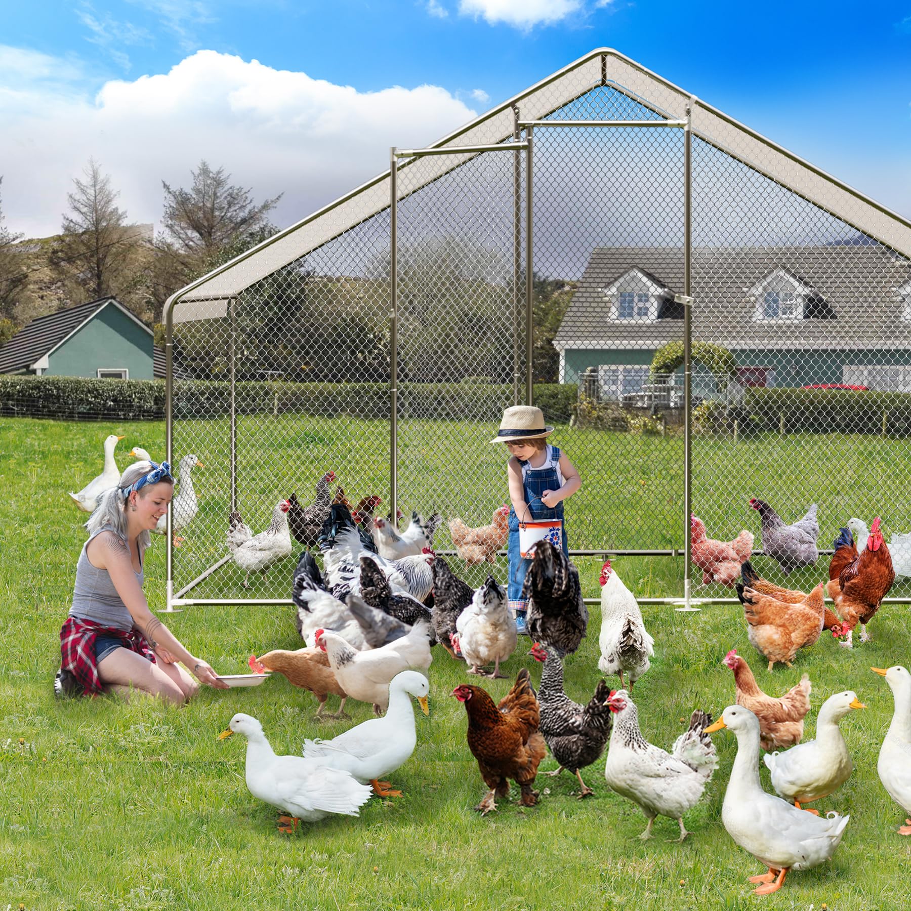 Garvee Large Metal Chicken Coop, Walk-in Poultry Cage, Large Outdoor Chicken Coop with Waterproof Cover for Outdoor Yard Farm Use (9.8x6.5x6.5FT)
