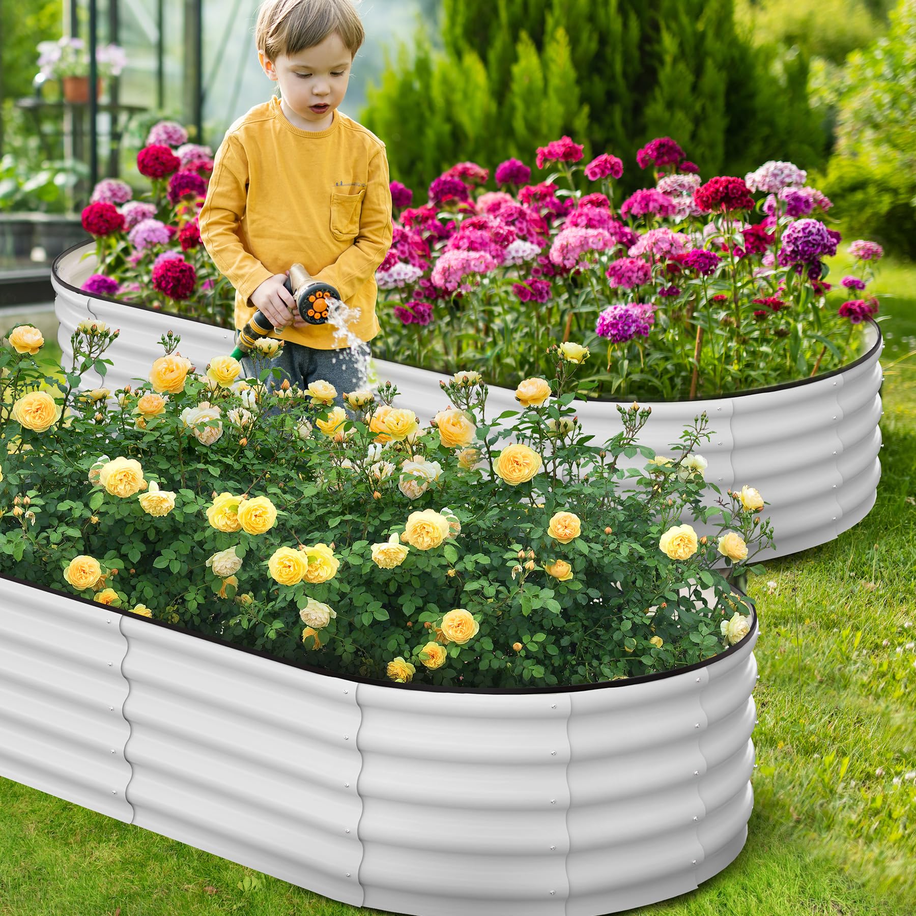 Garvee 8' X 2' X 1' Galvanized Raised Beds for Outdoor, Oval Raised Garden Bed with Open Base, Tool-Free Assembly Planter Raised Boxes for Outdoor Vegetables & Flowers, White