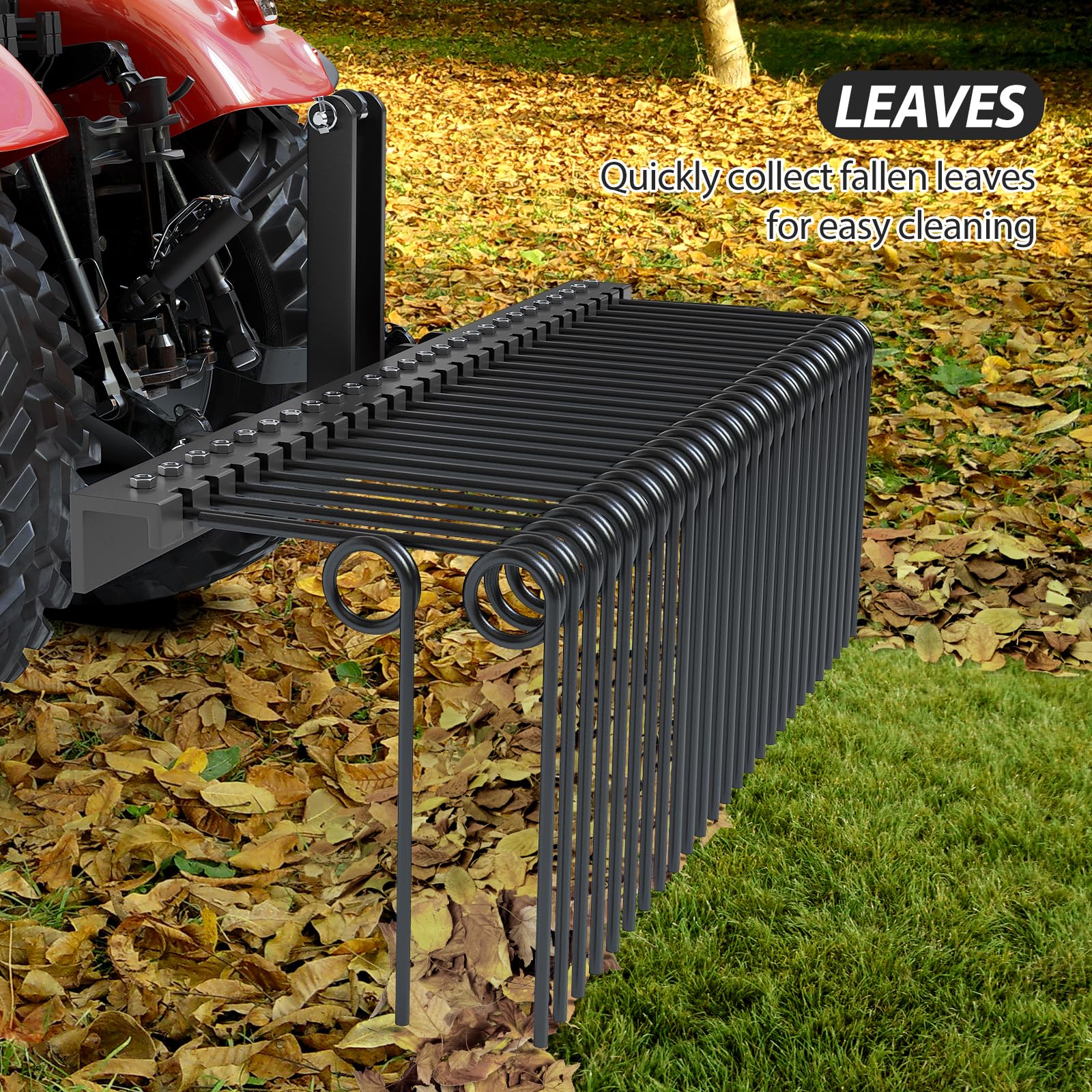 Garvee 72 Inch Pine Straw Needle Rake, 3 Point Landscape Rake, Powder Coated Steel Spring Tow Behind Rake, Tractor Rake Attachments for Leaves Straw Grass Attach to Cat 0 Cat 1, Black