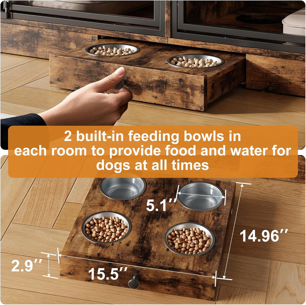Garvee 78.7" Double Dog Crate Furniture with Storage and 4 Doors, Dog Kennel Indoor with Feeding Bowls, Wood Dog Crate TV Stand for Small Medium Dogs, Brown