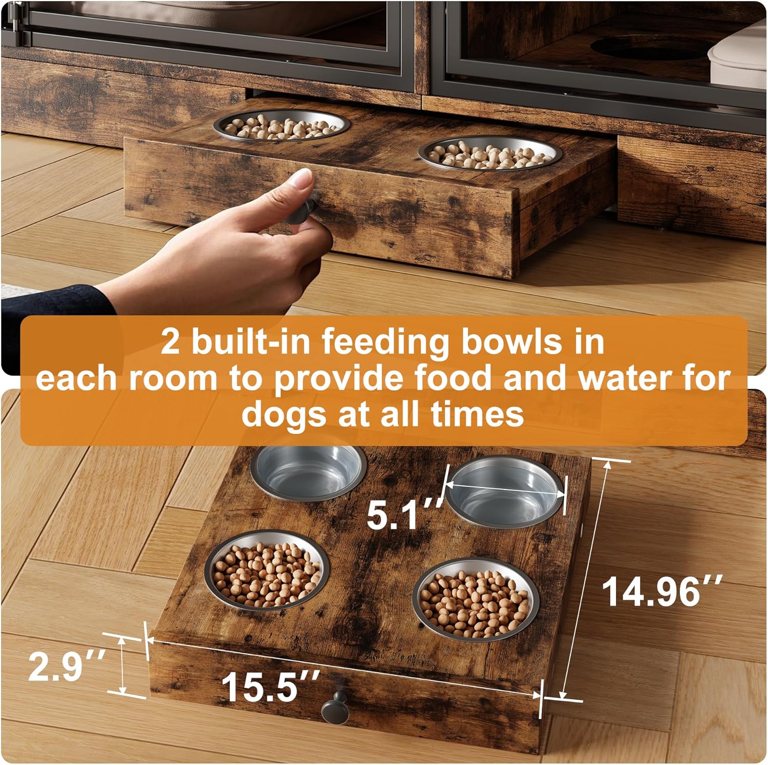 Garvee 78.7" Double Dog Crate Furniture with Storage and 4 Doors, Dog Kennel Indoor with Feeding Bowls, Wood Dog Crate TV Stand for Small Medium Dogs, Brown