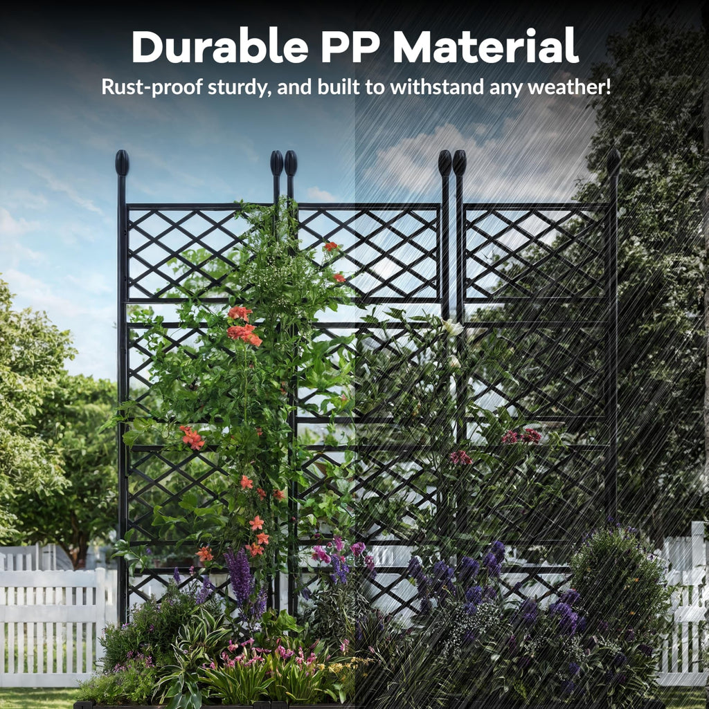 Garvee 3-Pack PP Planter Boxes with Trellis, 48.8" x 16.2" X 63" Modular Red & Privacy Screen, Black