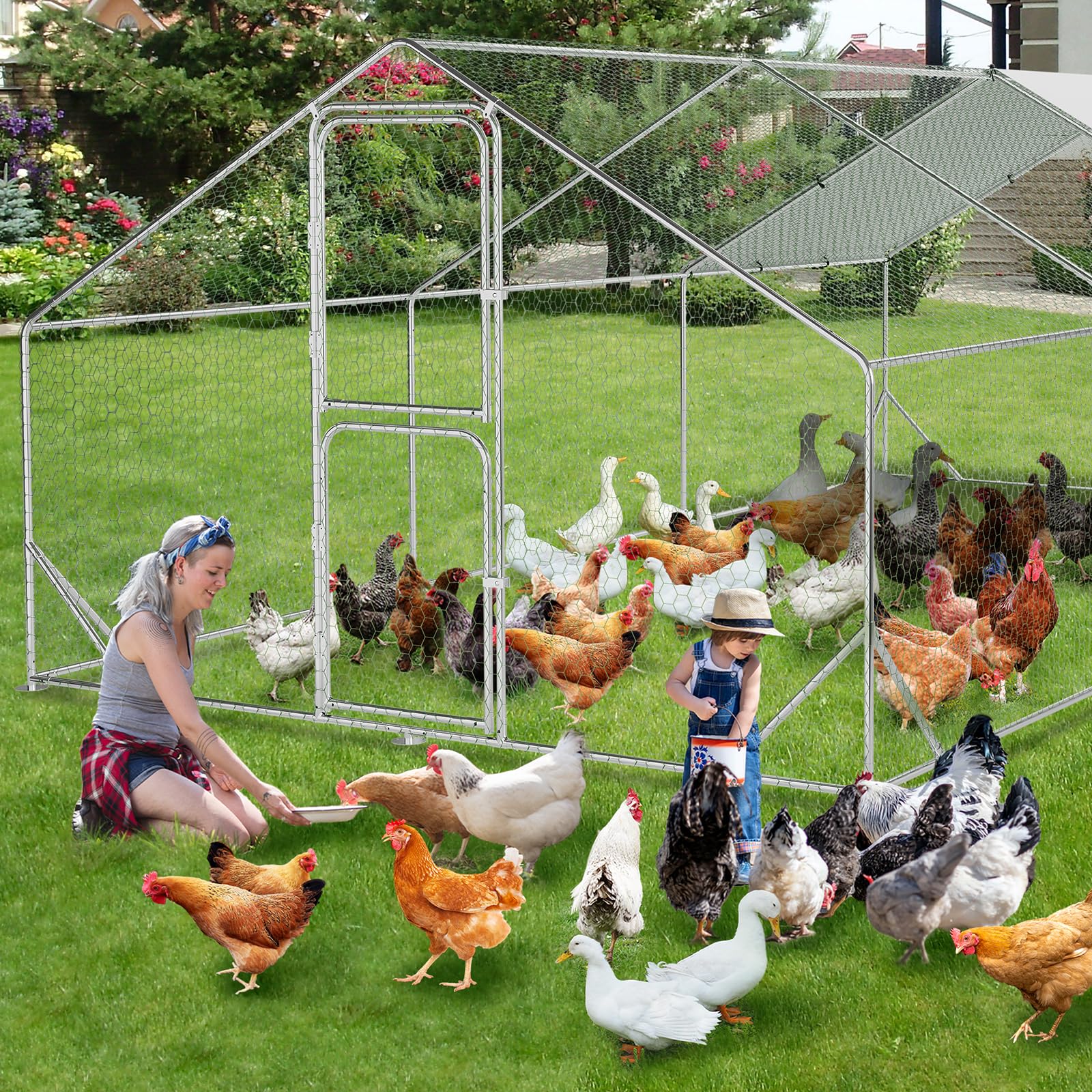 Garvee Large Metal Chicken Coop, Chicken Coop Run with Cover, Large Chicken Run with Double Door, Chicken Pen for Outdoor Farm Yard (19.7'L x 9.8'W x 6.6'H)