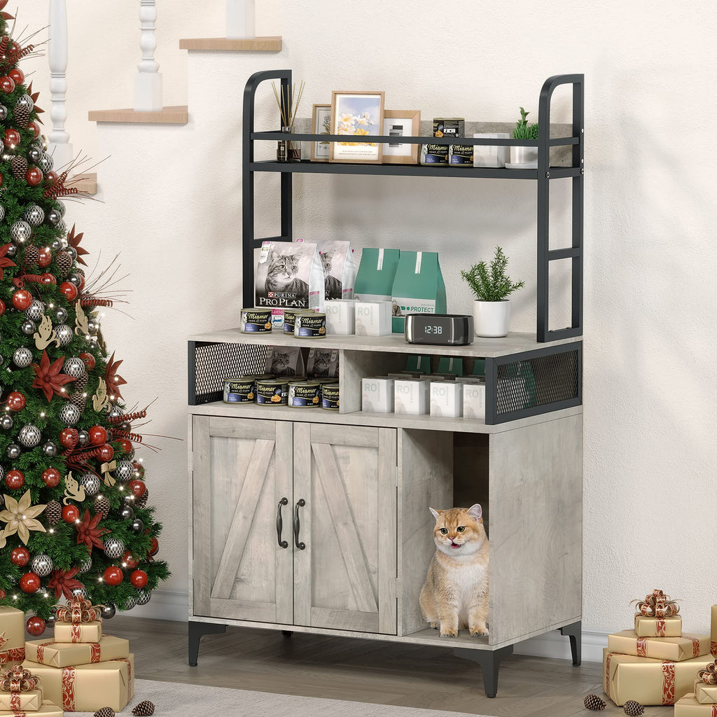 Garvee Hidden Cat Litter Box Enclosure Furniture with Shelf Storage,Litter Box Furniture,Sturdy Cat Washroom,Indoor Wooden Cat House Storage, Grey