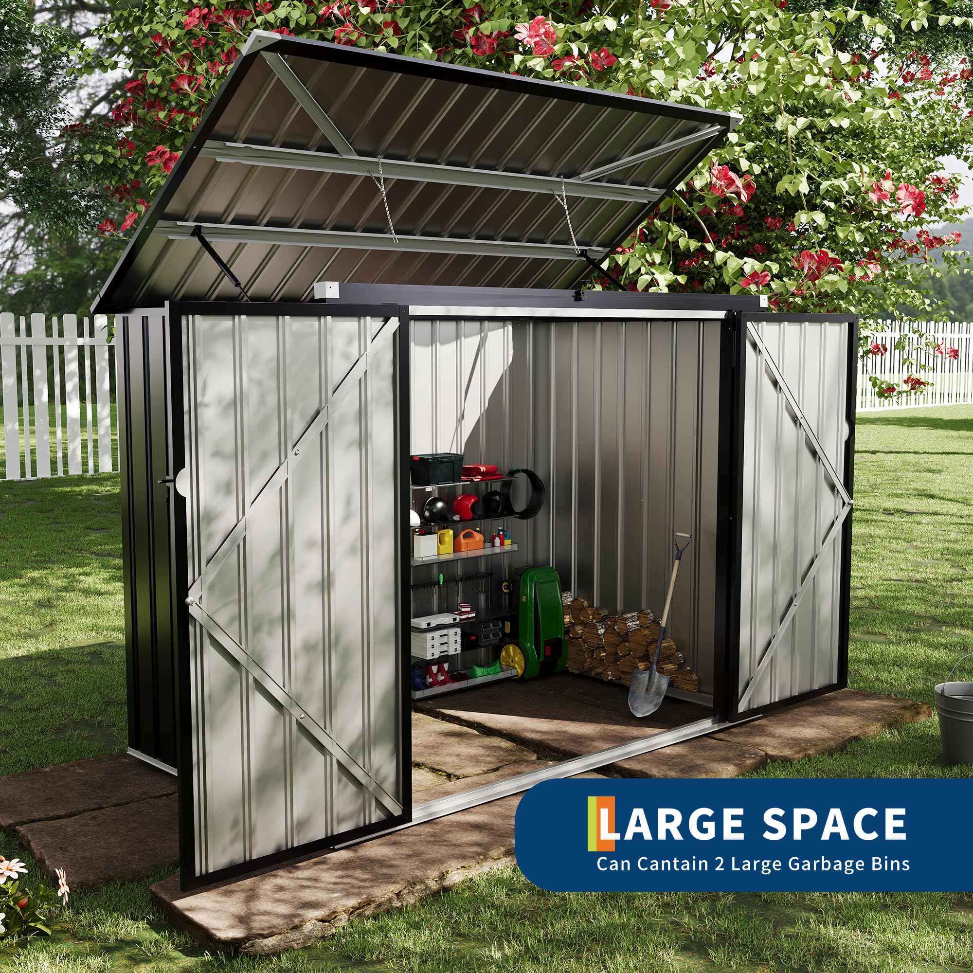 Garvee 3x6ft Metal Outdoor Storage Shed for 2 Trash Cans, Garbage Bin Storage with Chain Lid, Durable Garden, Backyard & Patio Shed