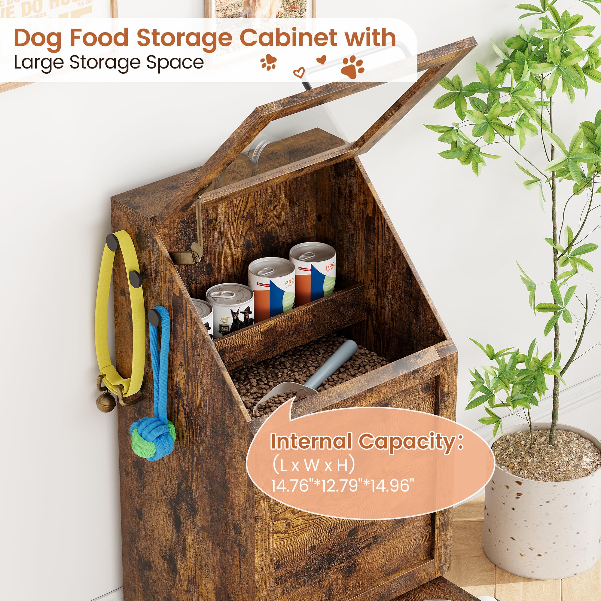 Garvee Pet Food Cabinet with 2 Elevated Bowls, Dog Feeding Station, Brown, Ample Storage, Concealed Feeder, Flip-Top Design