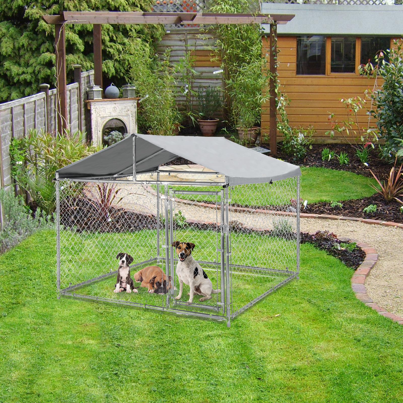 Garvee 6.6ft Heavy Duty Dog Kennel with Pointed Roof, Indestructible Large Kennel Indoor&Outdoor, Dog Enclosure Outside with UV-Resistant Cover for High Anxiety Dogs, Rabbits, Chicken Farming