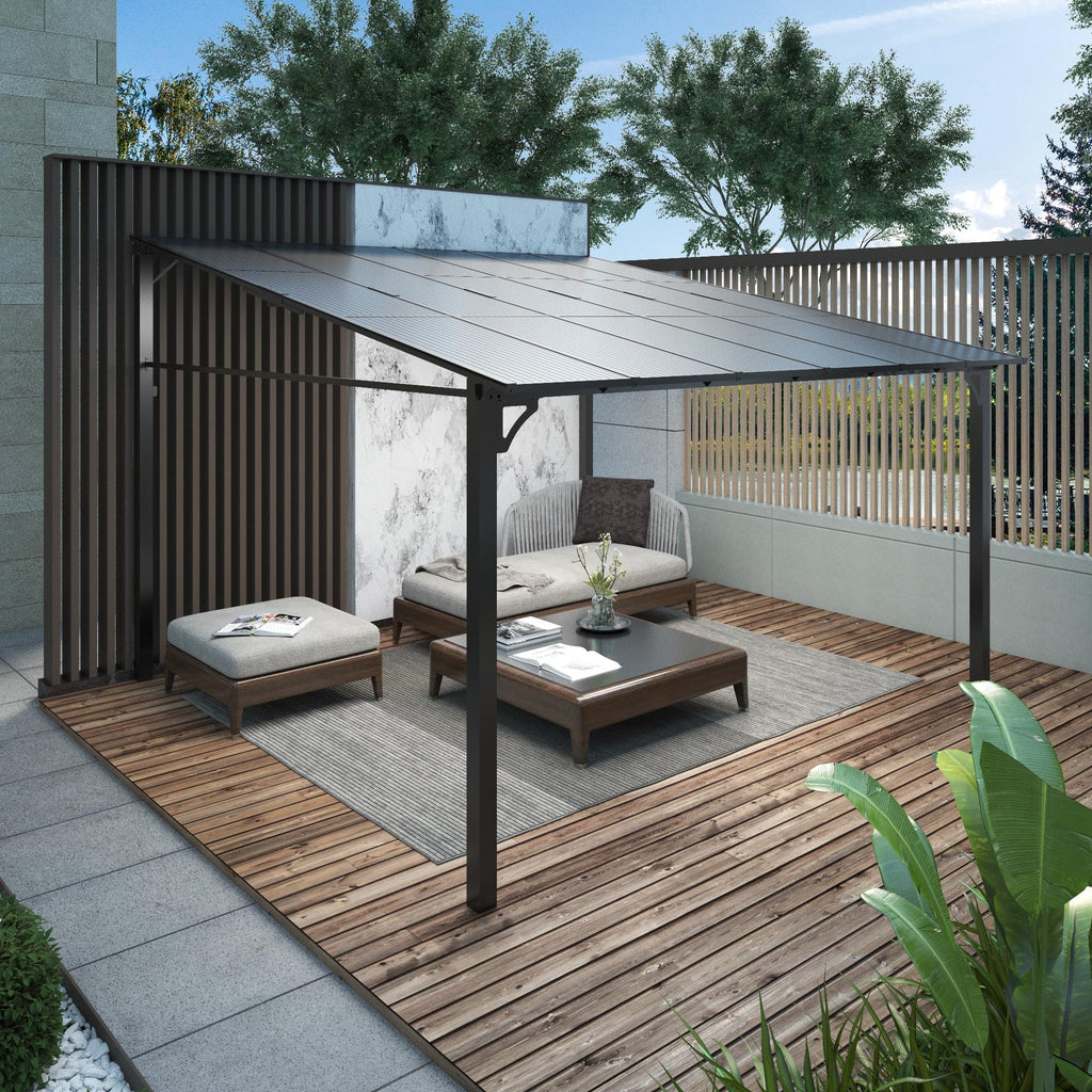 Garvee 10'x12' Lean-To Hardtop Gazebo - Aluminum Frame Wall Pergola for Patio & Lawn, Space-Saving Outdoor Shelter Grey