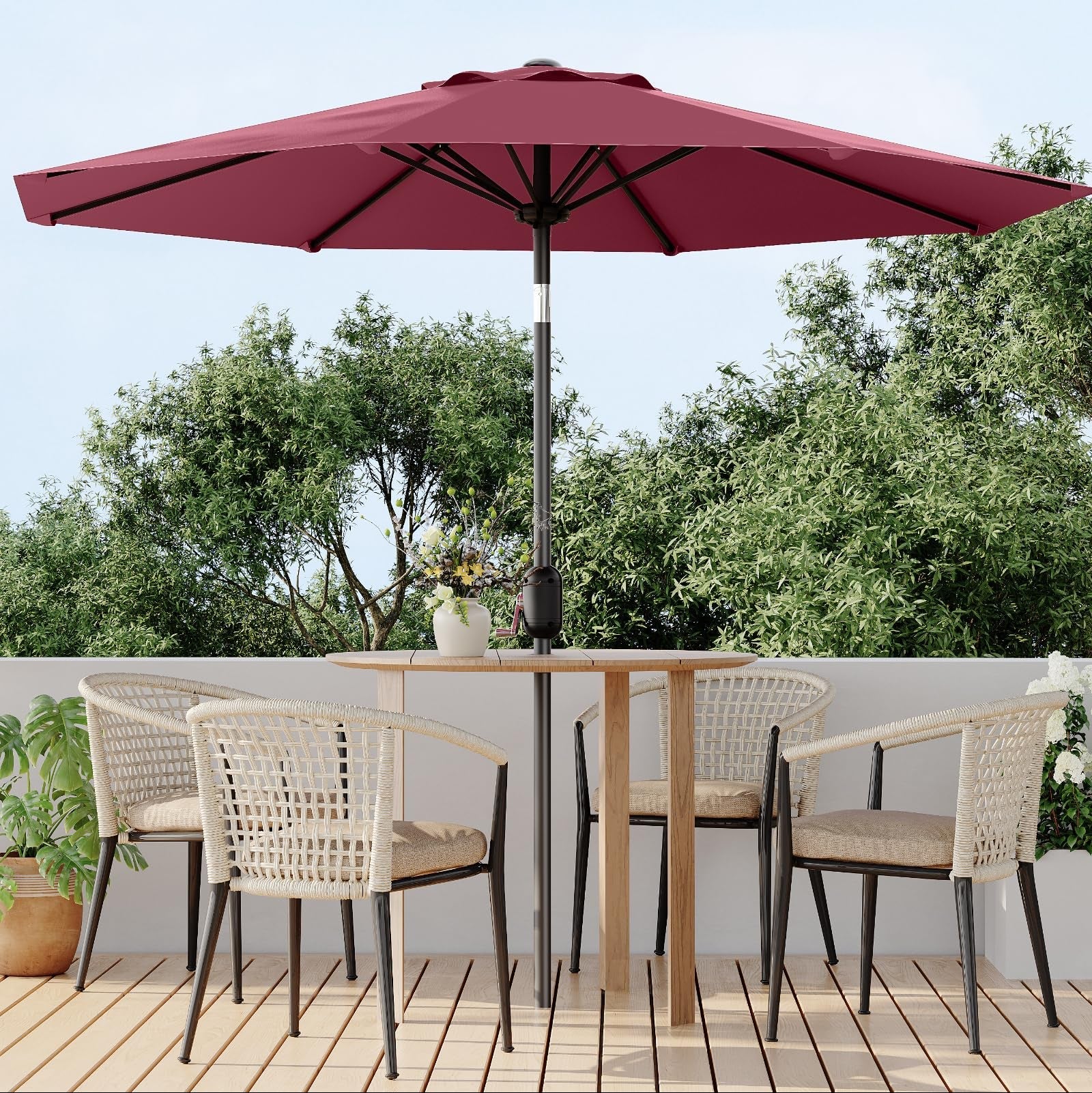 Garvee 9' Outdoor Patio Umbrella, Outdoor Table Umbrella, Market Umbrella with Push Button Tilt and Crank, 8 Sturdy Ribs UV Protection Waterproof for Garden, Deck, Backyard, Pool, Dark Red