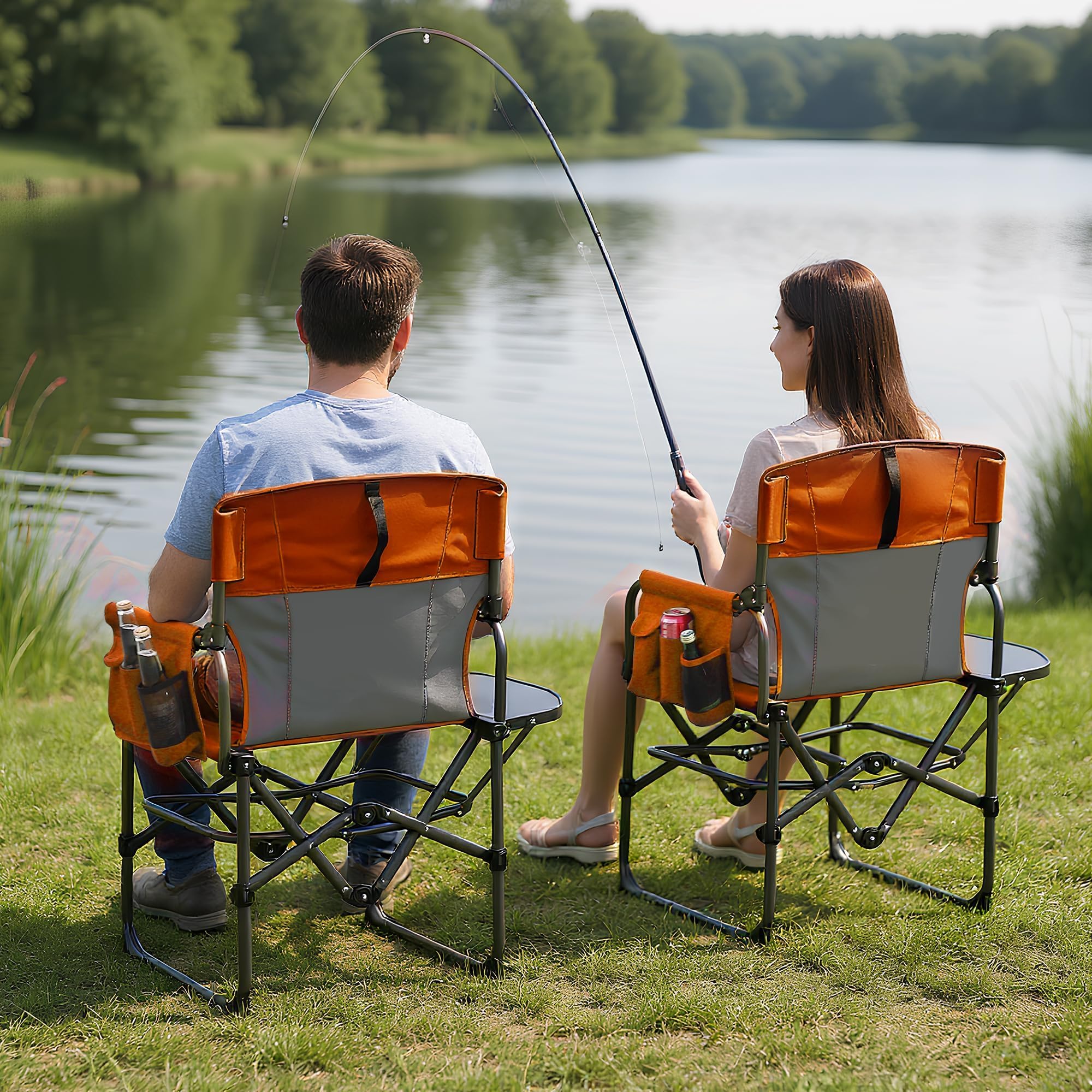 Garvee Oversized Directors Camping Chair Portable Folding Chair for Adults Support 400 lbs Heavy Duty Lawn Chair with Side Table for Camping Sports Picnic Beach Fishing 2 PCS Orange