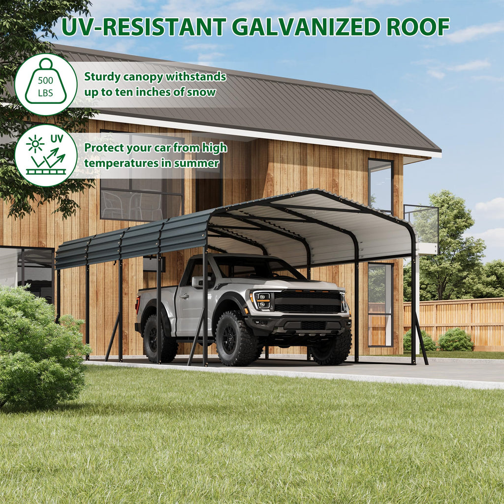 Garvee 12' × 20' Metal Carport, Galvanized Steel Roof Outdoor Shelter with Powder-Coated Frame, Anchors & 6 Support Rods, Dark Grey
