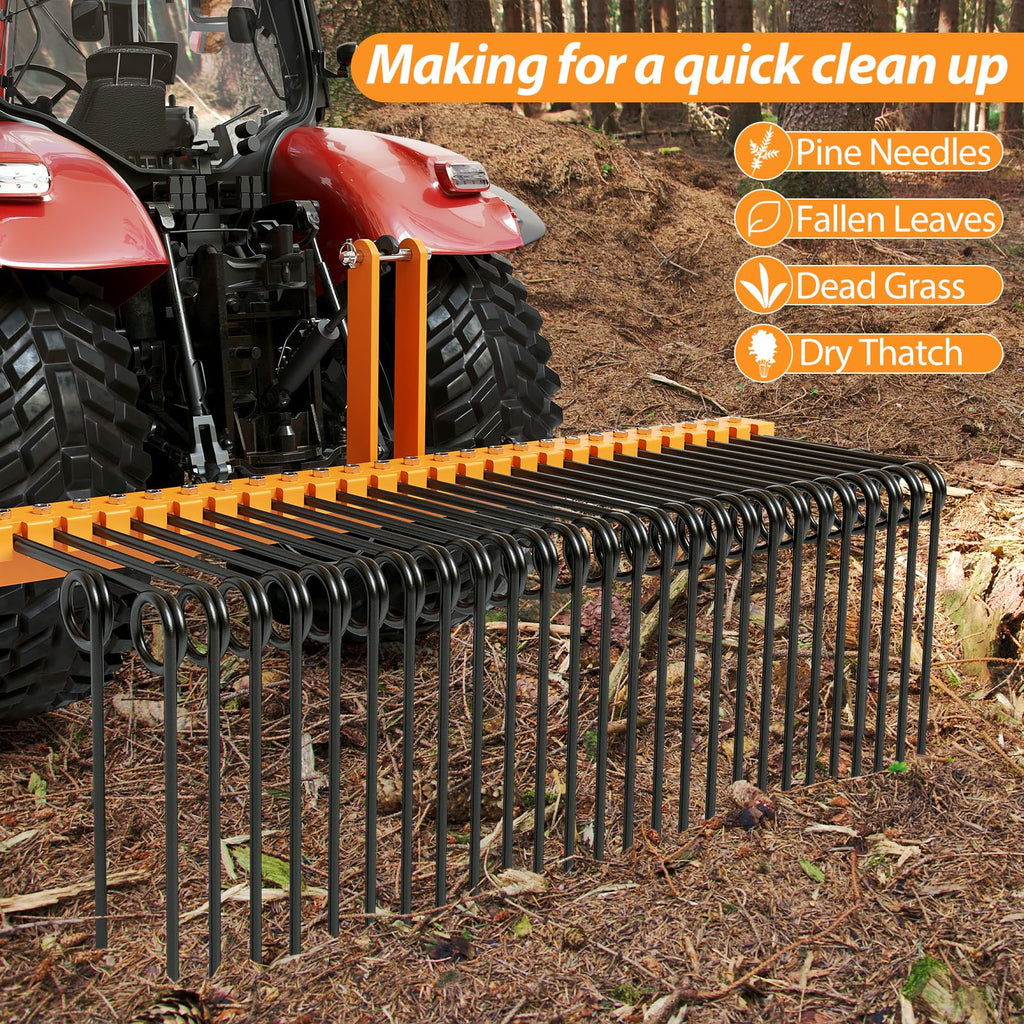 Garvee 60 Inches Pine Straw Needle Rake, 8mm 26pcs Coil Spring Tines, Durable Powder Coated 3 Point Straw Rake,Steel Spring Landscape Rake Fit for Cat1 Tractors - Orange+Black