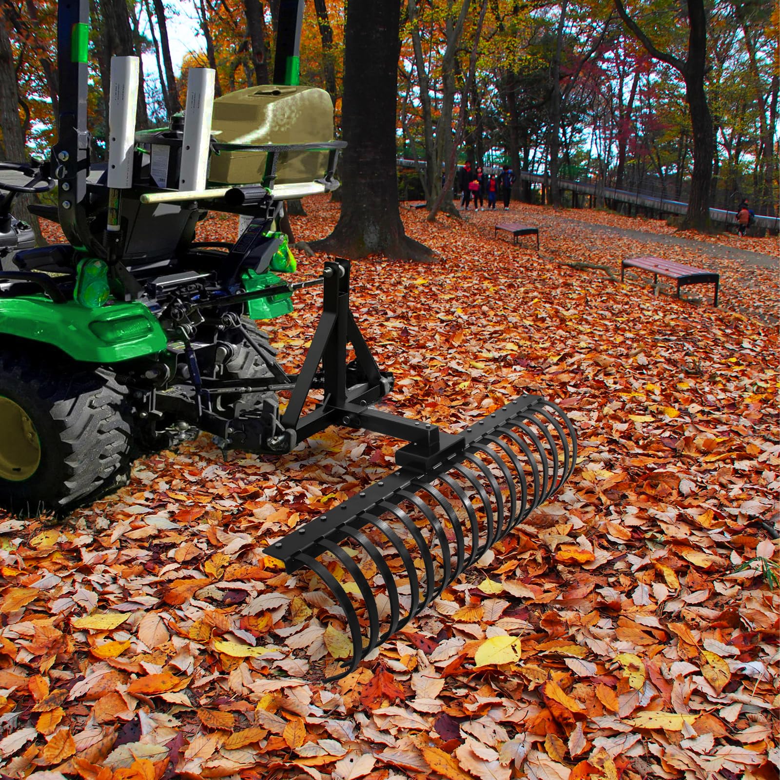 Garvee 49 Inch Landscape Rake for ATV, UTV & Lawn Tractor, 17-Tine Pine Straw Rake with 2-Inch Receiver, Tow-Behind Rock Rake for Leaves, Sticks & Debris