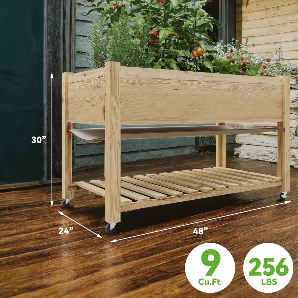 Garvee Wooden Raised Garden Bed with Legs,Elevated Raised Planter Box Outdoor for Growing Vegetables and Herbs,Sturdy Raised Table Garden Bed with Wheels-Enhanced Depth (Natural,48 * 24 * 30 in)