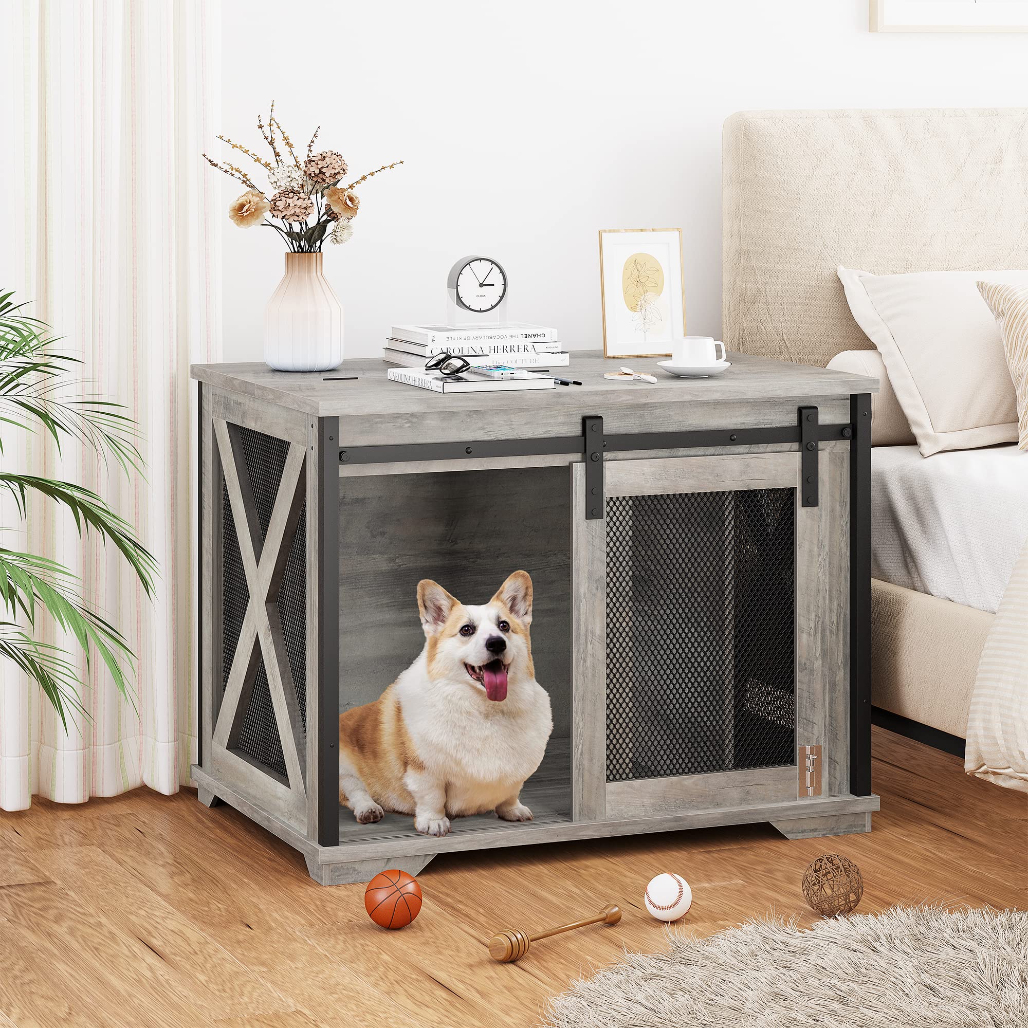 Garvee 37'' Dog Crate Furniture Side End Table with Flip Top and Movable Divider, Wooden Dog Crate Table Large, Style Dog Kennel Side End Table