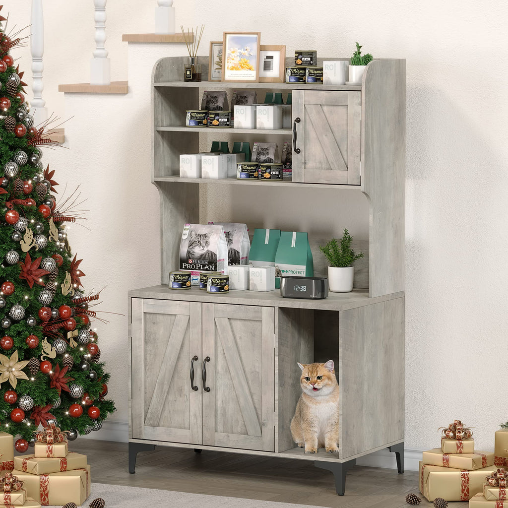 Garvee Cat Litter Box Enclosure with Shelves and Doors, Wood Sturdy Hidden Litter Box Furniture, Indoor Cat House Furniture for Most of Litter Box, Litter Box Cabinet, Grey