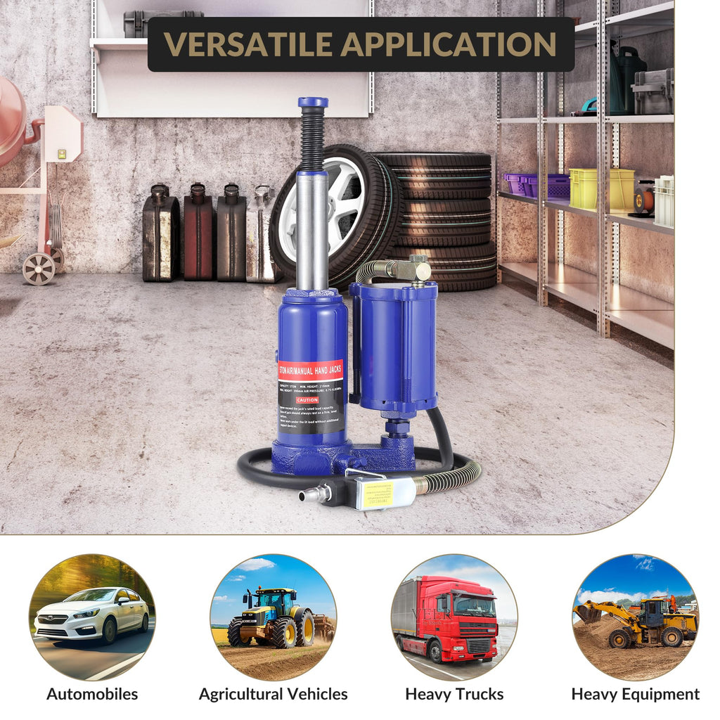 Garvee 5 Ton Pneumatic Air Hydraulic Bottle Jack with Manual Hand Pump, In-Line Cylinder, for Auto Repair & House Lifting