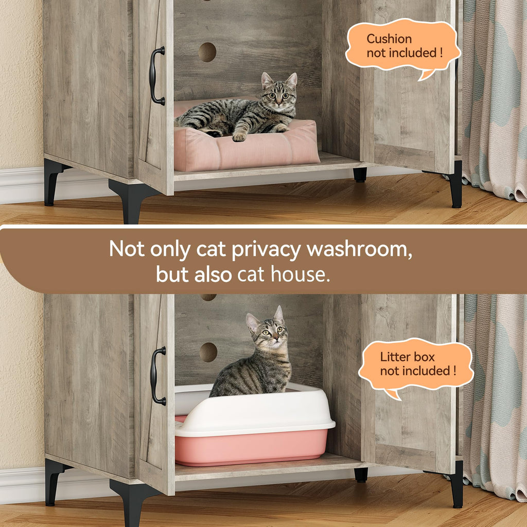 Garvee Cat Litter Box Enclosure with Shelves and Doors, Wood Sturdy Hidden Litter Box Furniture, Indoor Cat House Furniture for Most of Litter Box, Litter Box Cabinet, Grey