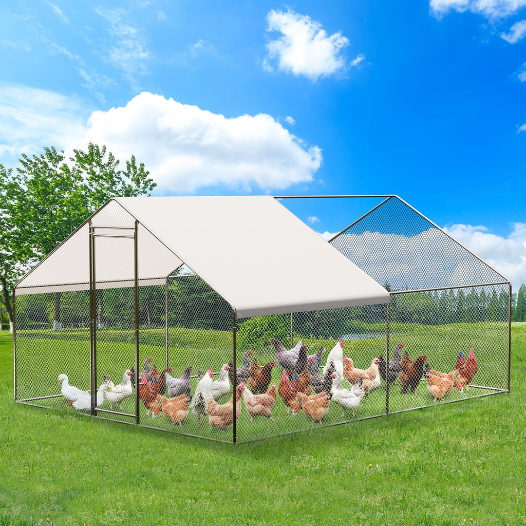 Garvee Large Metal Chicken Coop, Walk-in Poultry Cage, Chicken House with Waterproof and Anti-Ultraviolet Cover for Outdoor Yard Farm Silver 9.8X13.1X6.6FT