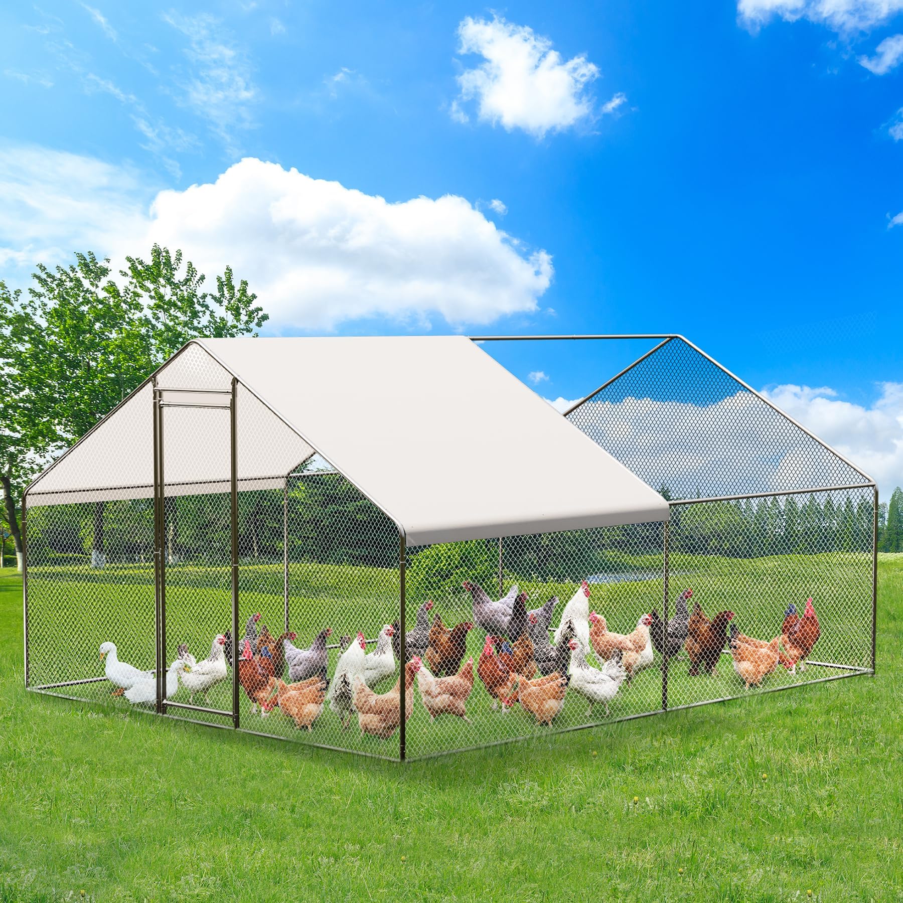 Garvee Large Metal Chicken Coop, Walk-in Poultry Cage, Chicken House with Waterproof and Anti-Ultraviolet Cover for Outdoor Yard Farm Silver 9.8X13.1X6.6FT
