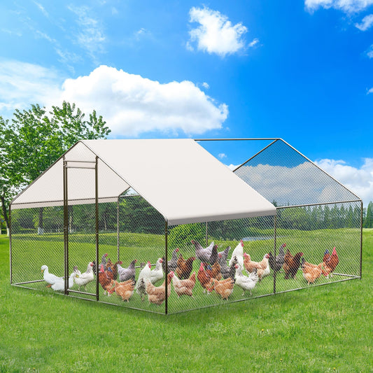 Garvee Large Metal Chicken Coop, Walk-in Poultry Cage, Chicken House with Waterproof and Anti-Ultraviolet Cover for Outdoor Yard Farm Silver 9.8X13.1X6.6FT