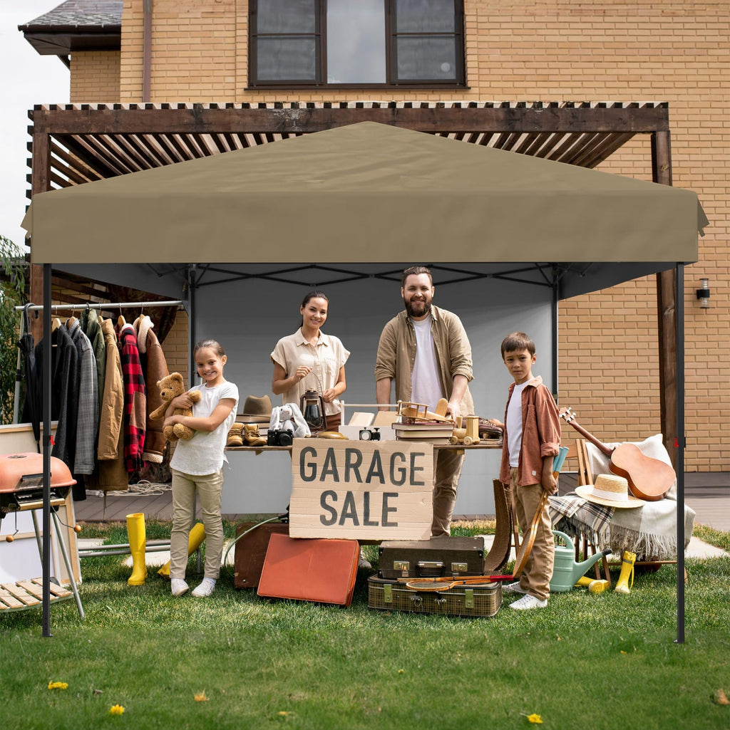Garvee 10'x10' Pop-Up Canopy Tent - Portable Instant Gazebo with 1 Removable Sidewall, 4 Stakes & Ropes for Outdoor Events, Patio, Party, Camping, Khaki