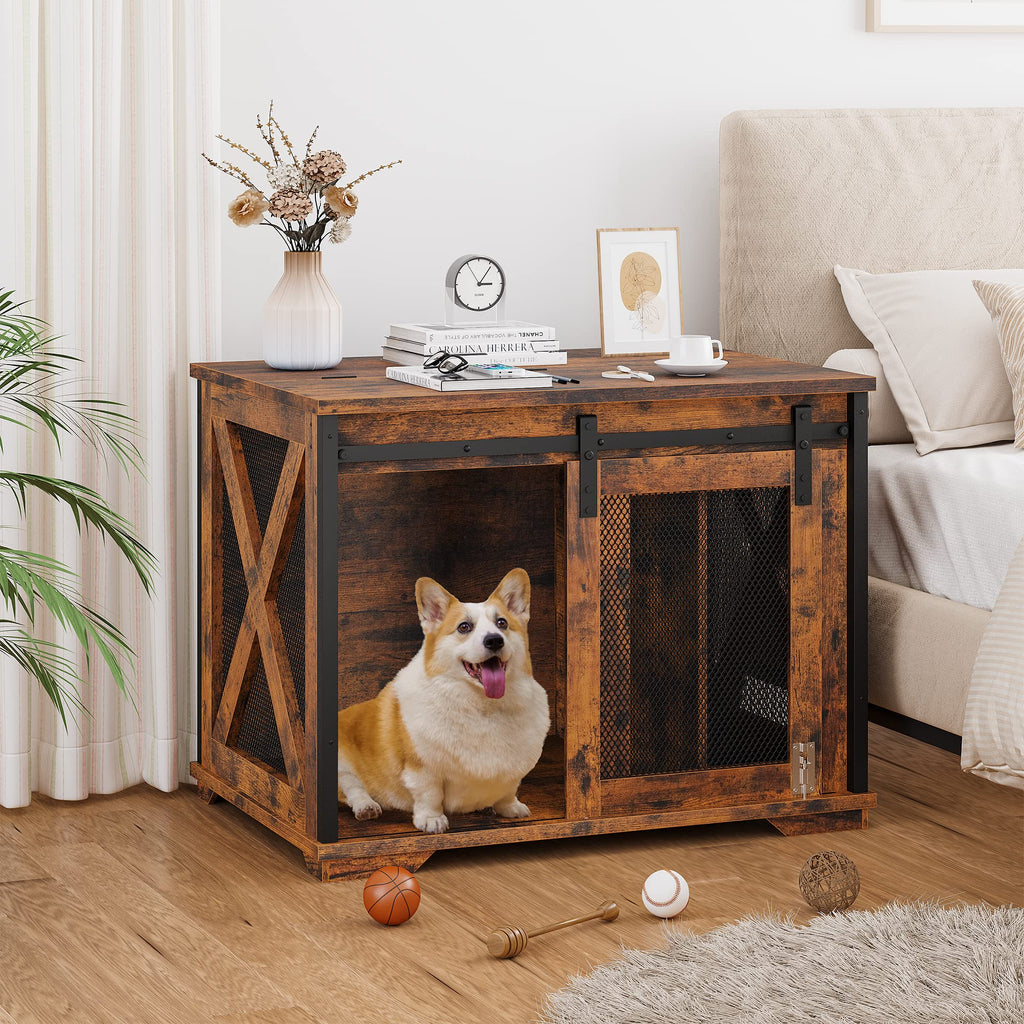 Garvee 37'' Dog Crate Furniture Side End Table with Flip Top and Movable Divider, Wooden Dog Crate Table Large, Style Dog Kennel Side End Table - Rustic Brown