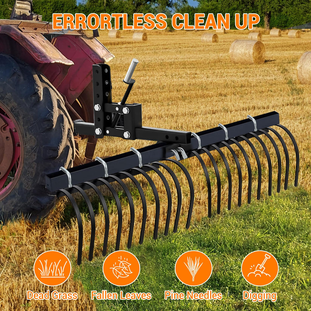 Garvee 60 Inch Landscape Rake Fits for Tractor/ATV/UTV, Heavy Duty Rock Rake 20 Tines, Pine Straw Rake for Removal of Rock, Grass Clumps and Debris, Prep for Seeding, Black