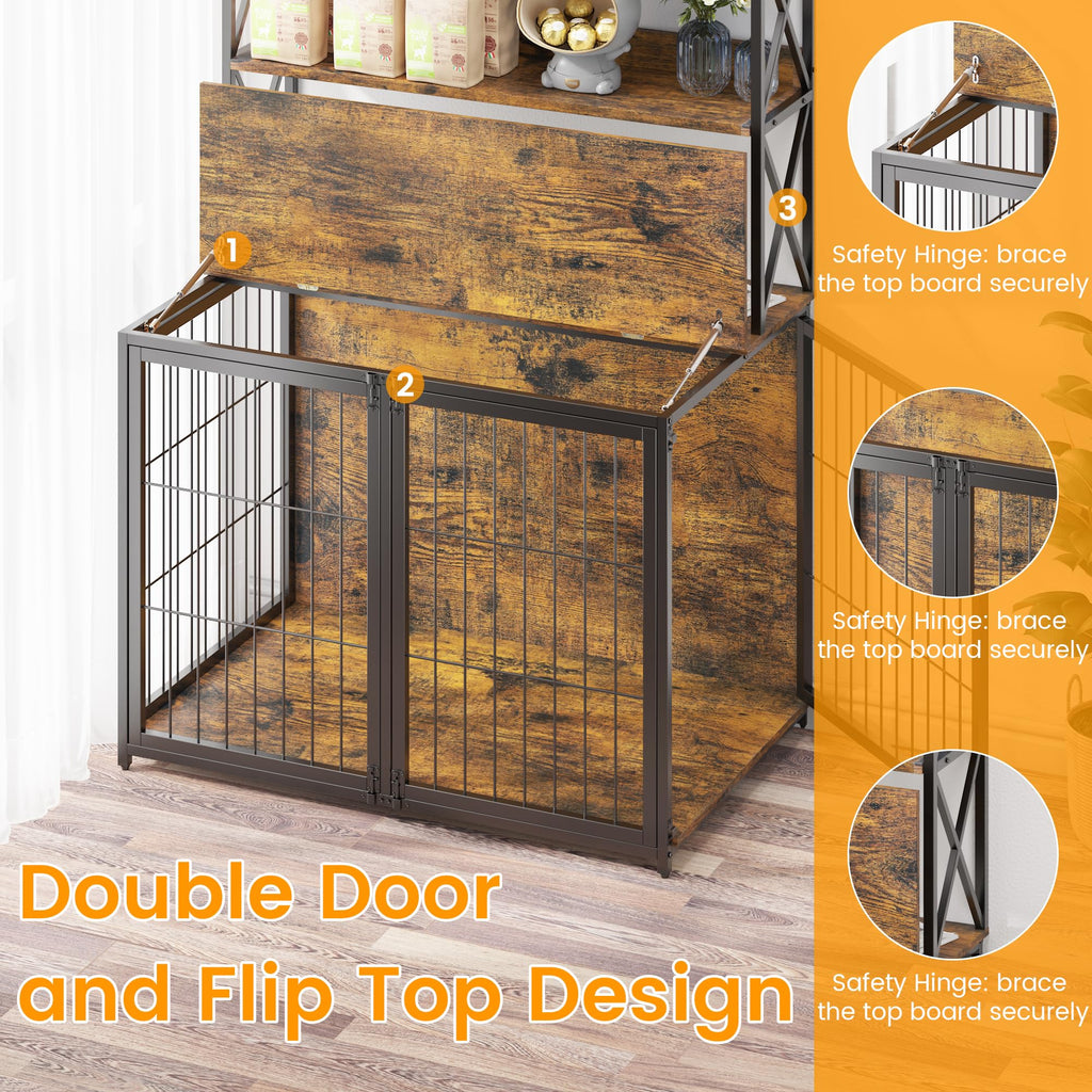 Garvee Dog Crate Furniture Heavy Duty Wooden Pet House With Storage Shelves Indoor Dog Cage 4 Doors Brown Small Medium Dogs