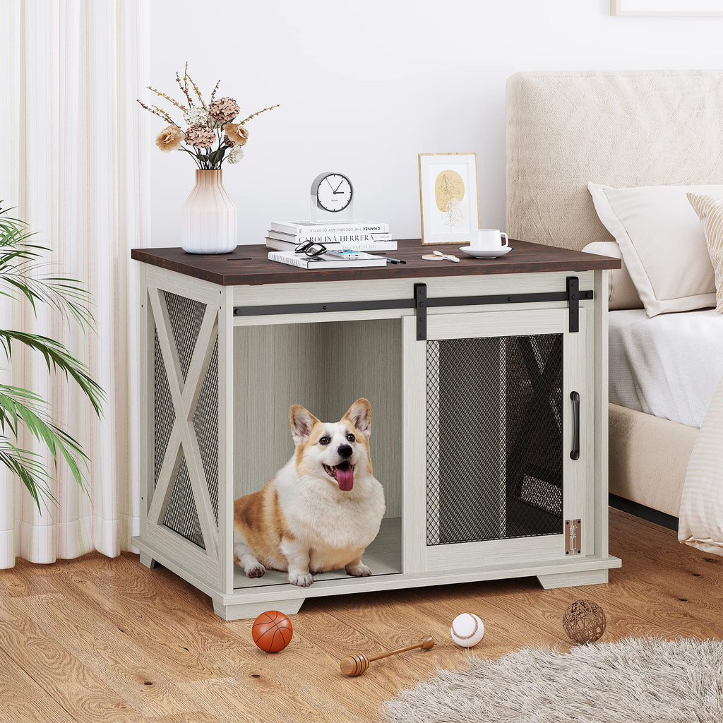 Garvee 37'' Dog Crate Furniture Side End Table with Flip Top and Movable Divider, Wooden Dog Crate Table Large, Style Dog Kennel Side End Table - White