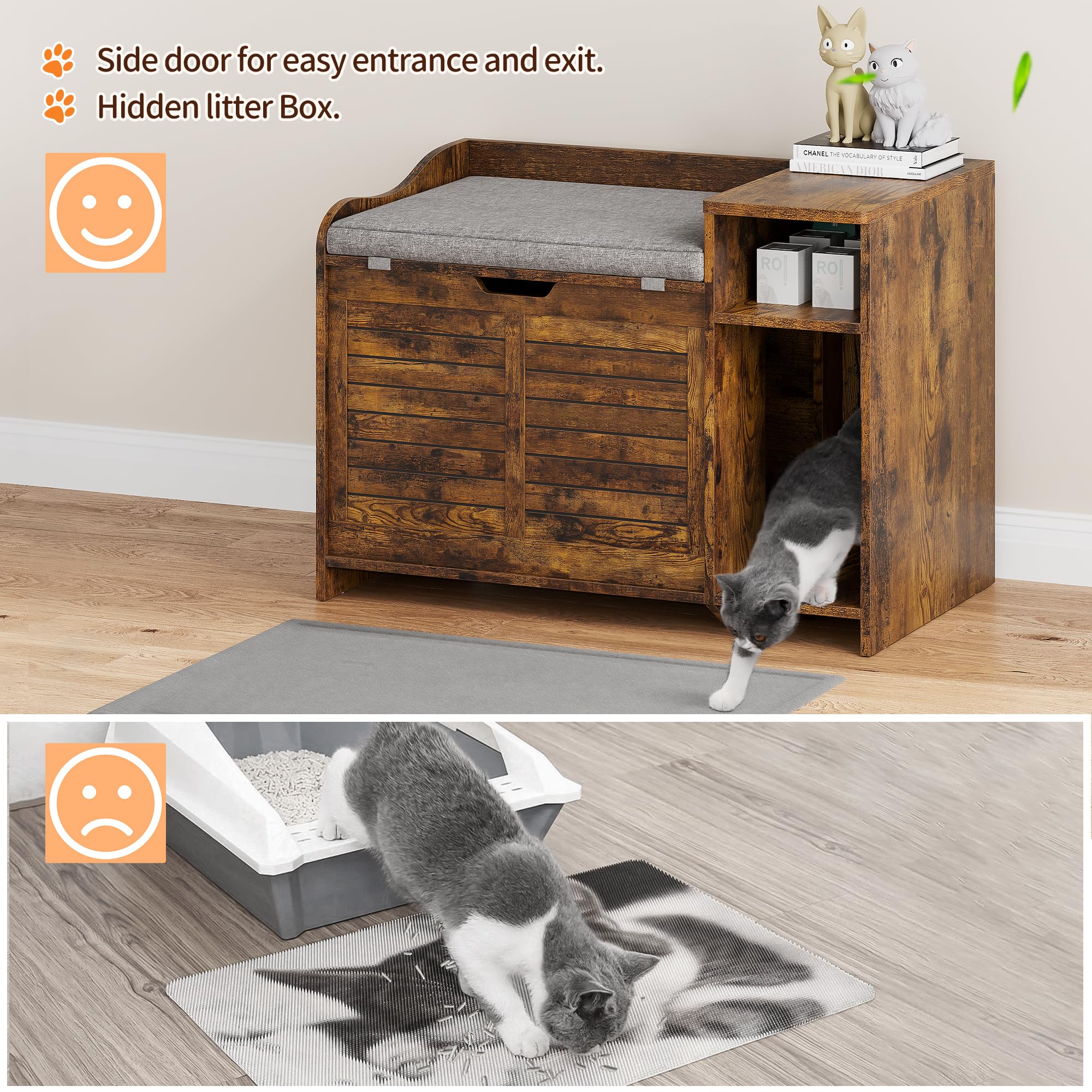 Garvee Cat Litter Box Enclosure with Cushion, Hidden Cat Litter Box Furniture, Cat Litter Box Furniture with Top Opening, Flip Top Litter Box Enclosure, Cat House, Brown